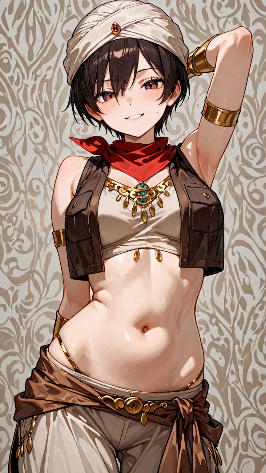 <lora:MayanClothes:0.8> mayan clothes, cowboy shot,, absurdres, ultra detailed, masterpiece, best quality, aesthetic, detailed,, solo, frown,
1girl, red eyes, <lora:Tsurime3:1>, (tsurime:1.2), (brown hair:1.3), medium hair, (asymmetrical bangs, swept bangs, cowlick:1.35), flipped hair, <lora:foldedponytail:0.8> foldedponytail, folded ponytail, (small breasts:1.3),