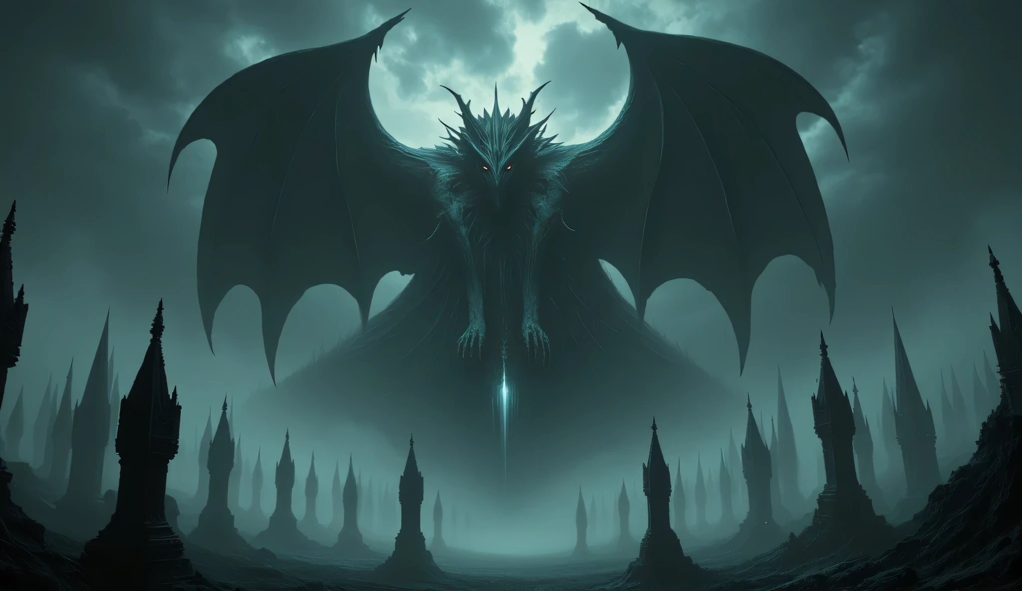 Gargoyle Statue mounted on Gothic Church, glowing eyes, dark aesthetic, nighttime, foggy, surreal horror, gothic, dark fantasy, high detail, masterpiece..