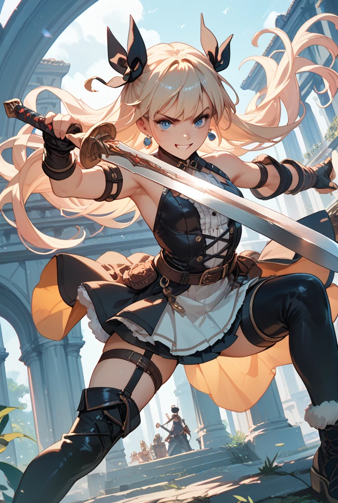 masterpiece, high quality, inside underground cave, 1_woman, ((full body)), mid-jump, mid-air, ((holding japanese katana in hand)), (exotic skin_complexion:1.4),mature, leaping at camera, tall, beautiful, exotic, with long elf ears, looking to the side, long hair, silver hair, detailed face, angry expression, anime fight pose, having diamond shaped eyes, blue eyes, (dark_eyeliner), long_eyelashes medium_bust, thigh gap, wearing Steampunk corset, chest window, brown shorts, crossing belts, (goggles on head), red tinted goggle lenses, long fingerless_gloves, belts with metal gears, (((brown half skirt))), making fist, black thigh highs with embroidery, knee boots with laces, dynamic lighting casts detailed shadows