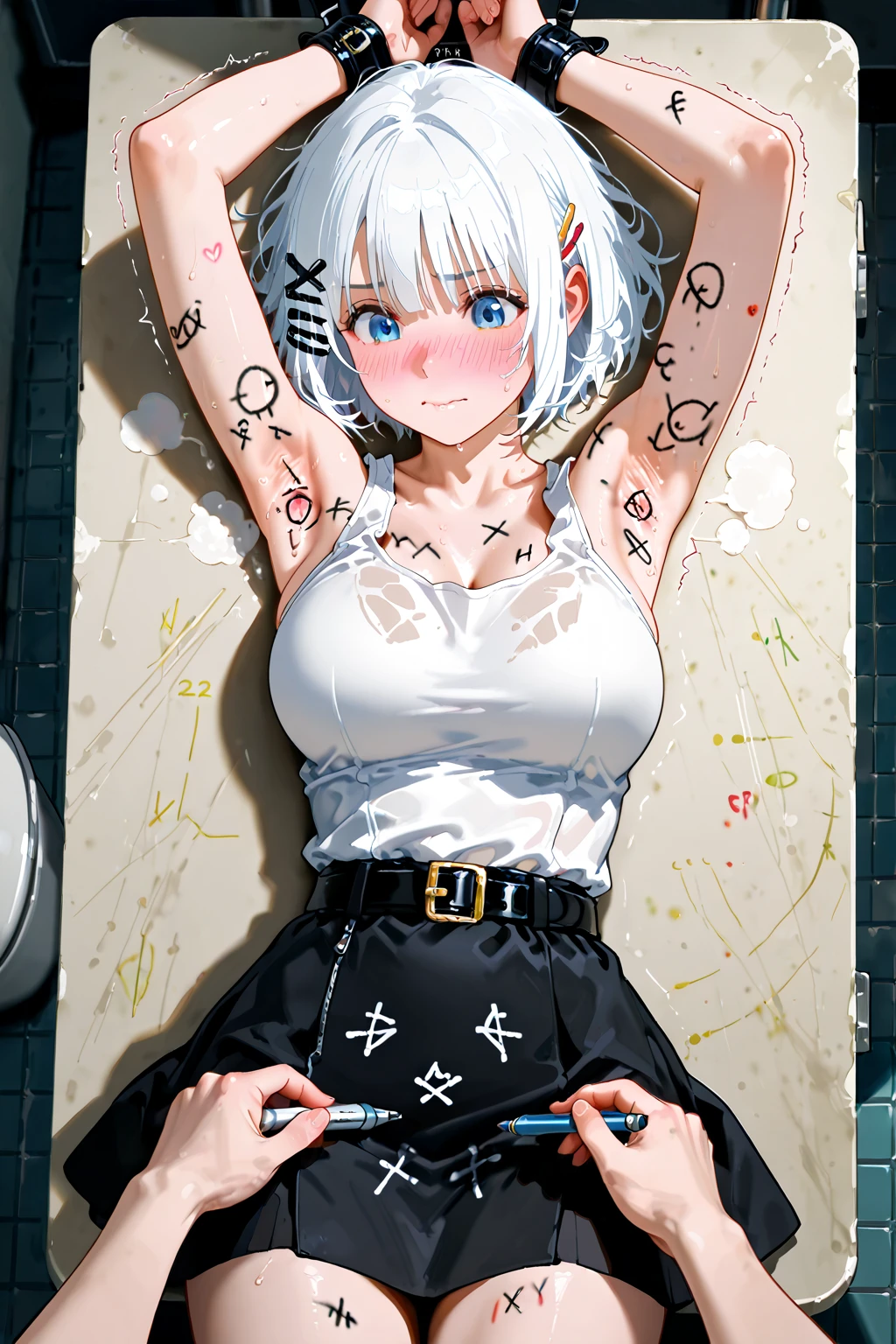 (Hyper-realistic)、(a picture)、(hight resolution)、(in 8K)、(ighly detailed)、(Best Illustration)、(Beautiful detailed eyes)、(top-quality)、(ultra-detailliert)、(Master masterpiece)、(wall-paper)、(Detailed face:1.4)、drooping eyes、full of sweat、Full-body close-up、(silver color hair:1.4、hairy silver color pubic hair:1.4、choker:1.4)、inner colored、独奏、1 woman in Japan、22 years old、(Armpit、hairarmpits)、(Straighten your back while folding hands behind head、folding hands behind head、Squatting and legs open、Squatting、Squat Sack:1.6)、(skinny thigh:1.4)、(Slim waist:1.8)、(skinny:0.9)、(Sweat、Shiny skin)、(iuuiahegao:1.4、Tears:1.4、Saliva、tongue、tongue_out:1.4、Tongue out:1.4、Ahegao、red blush、Rolling eyes、put out the tongue、A detailed eye、二重まぶた、thin cheeks、 shinny skin、shiny small neck、shiny lip、lighting on the face)、Front photo、Cameltoe、(Realistic small breasts:1.8)、(nude:1.4、Naked:1.4、vaginal:1.4)、(pink nipples:1.4)