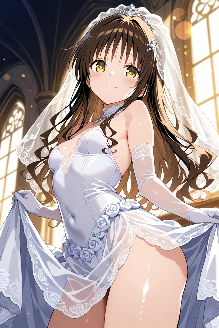 Highest quality、high resolution、High definition、HD、((church、Stained glass))、(Nitta Minami、Long Hair、Medium chest、Brown Hair、Brown eyes、Glossy lips、Glowing Skin、Realistic skin texture、((White wedding dress、gloves、Lift up your skirt with both hands、No underwear、stockings)))、Staring at me、Love me、blush、(Very close to me、Depiction of the upper body)