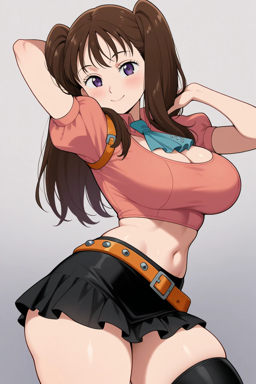 (masterpiece, best quality:1.2), cowboy shot, solo, 1girl, mamako_oosuki, (whore outfit), brown hair, long hair, (hair down), purple eyes, mature female, white shirt, short pants, big breasts, belly, ribbon, smile, fat lips, lipstick, curvy body, blushing, bare shoulders, vibrant colors, looking at viewer, club, night club, simple backround,