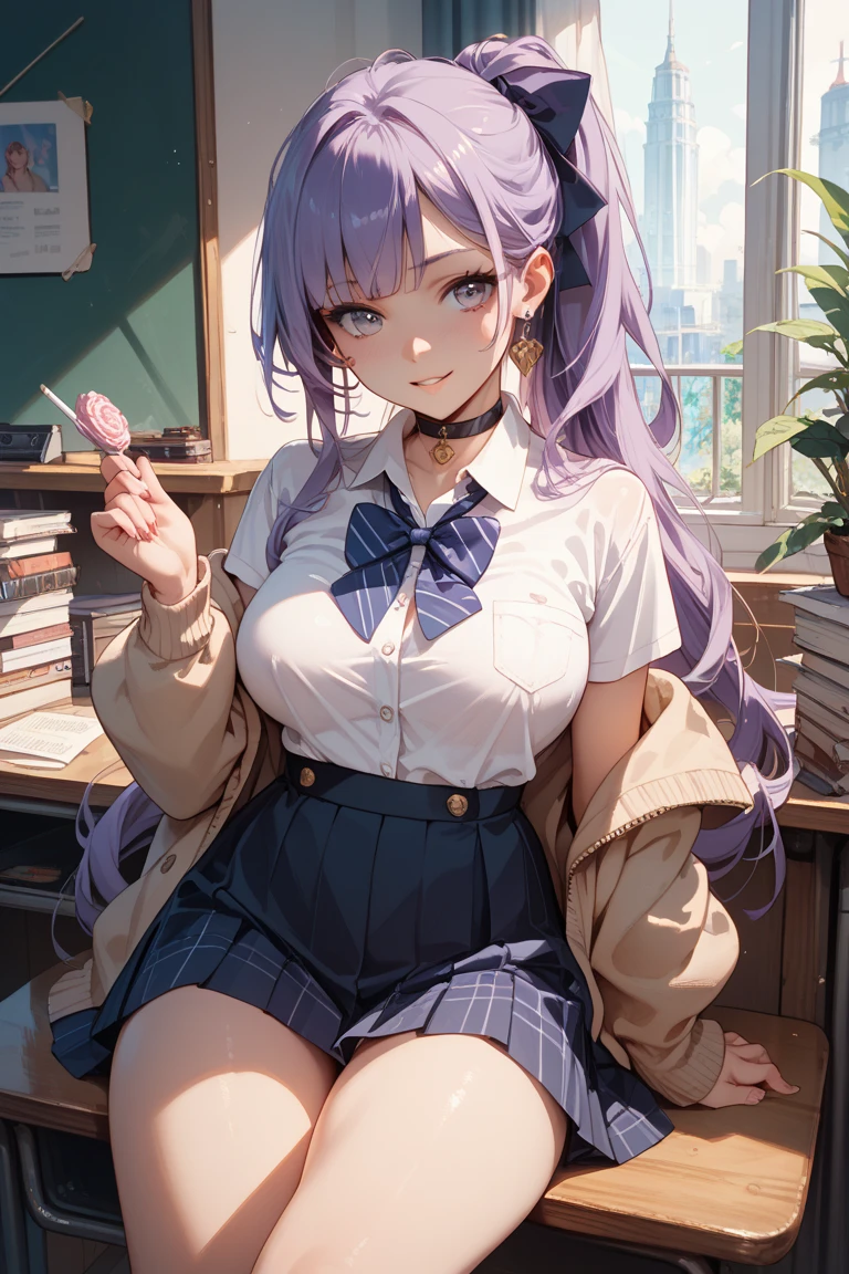 Anime school girl purple blonde hair blue eyes