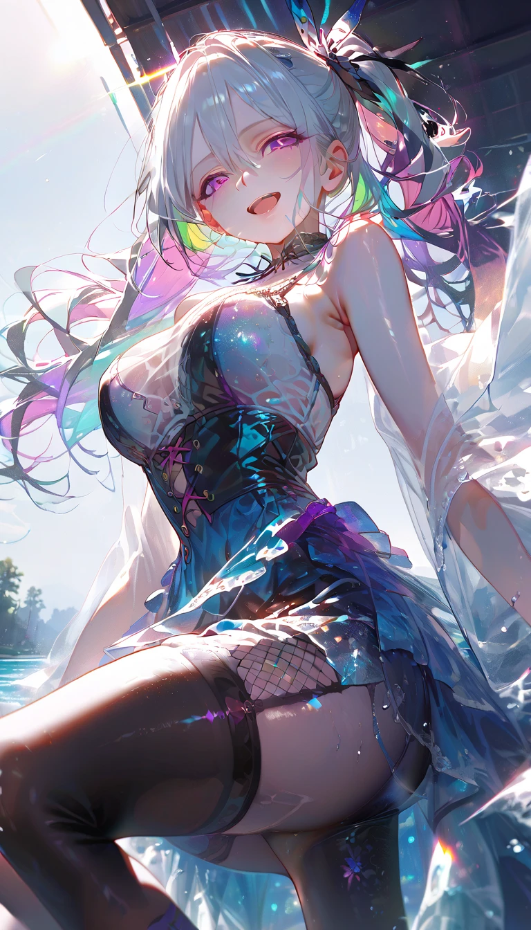 (photorealistic:1.8, highest quality:1.8,8K masterpiece:1.8,High resolution,muste piece:1.8,RAW Photos,cinematic lighting,red and purple dream colors),one goddess、(two-tone armored dress、slit mini skirt、choker、knee high stockings、loafer shoes、Cleavage cut,attractive nipples),(detailed blue eyes:1.7,double eyelid:1.6,Shining beautiful skin), (looking at the camera:1.5),(whole body,photo seen from behind:1.5),( midium Hair:1.2,Beautiful shining blue lime colored hair:1.5), expression(Impish Smile:1.3,face turns red:1.3),(Moderate chest:1.3), Pause(stand with legs apart,Seductive pose:1.5), background(Bright forest with blooming flowers),Nipples are visible through the costume、(detailed perfect face),anatomically correct,correct move:1.5,correct foot:1.5,4 fingers and 1 thumb in correct proportions,(cameltoe),No split screen,slender abs:1.2,highly detailed skin:1.2,(Young sensual gravure idol)