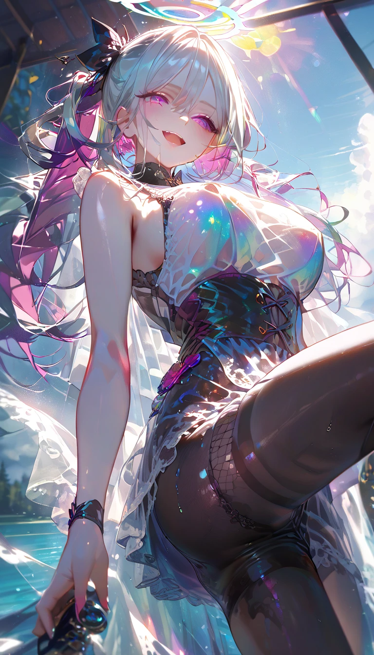 (original), (masterpiece) , (best quality) , (reality: 1.3) , photorealistic, Octane rendering, (surreal: 1.2) , perfect features, 1 girl, colorful, wet, ((translucent frilled nightgown)), (fairy wings), translucent skin, (colored inner hair), translucent hair, ((glowing inner hair)), colorful_hair ornament, the perfect appearance, her face flushed, ( her hands behind her head and out of her armpits1.4), ((caustic, seductive, sexy, charming)), the light red effect, Zero gravity, in space, crystals texture flowers, sparkle, lens flare, light leaks, Broken glass, beautiful detailed gemstone sky, (((colored inner hair, Starry sky adorns hair, (lots_of_big_((colorful))_Bubble), [pearl], [Galaxy], depth of field,colorful bubble, colorful water_drop,colorful spray))), extremely detailed wallpaper, highly detailed illustrations, (1 Girl), (best lighting) , (super-complex details) , 4K unified, (super-detailed CG: 1.2) , (8K: 1.2)