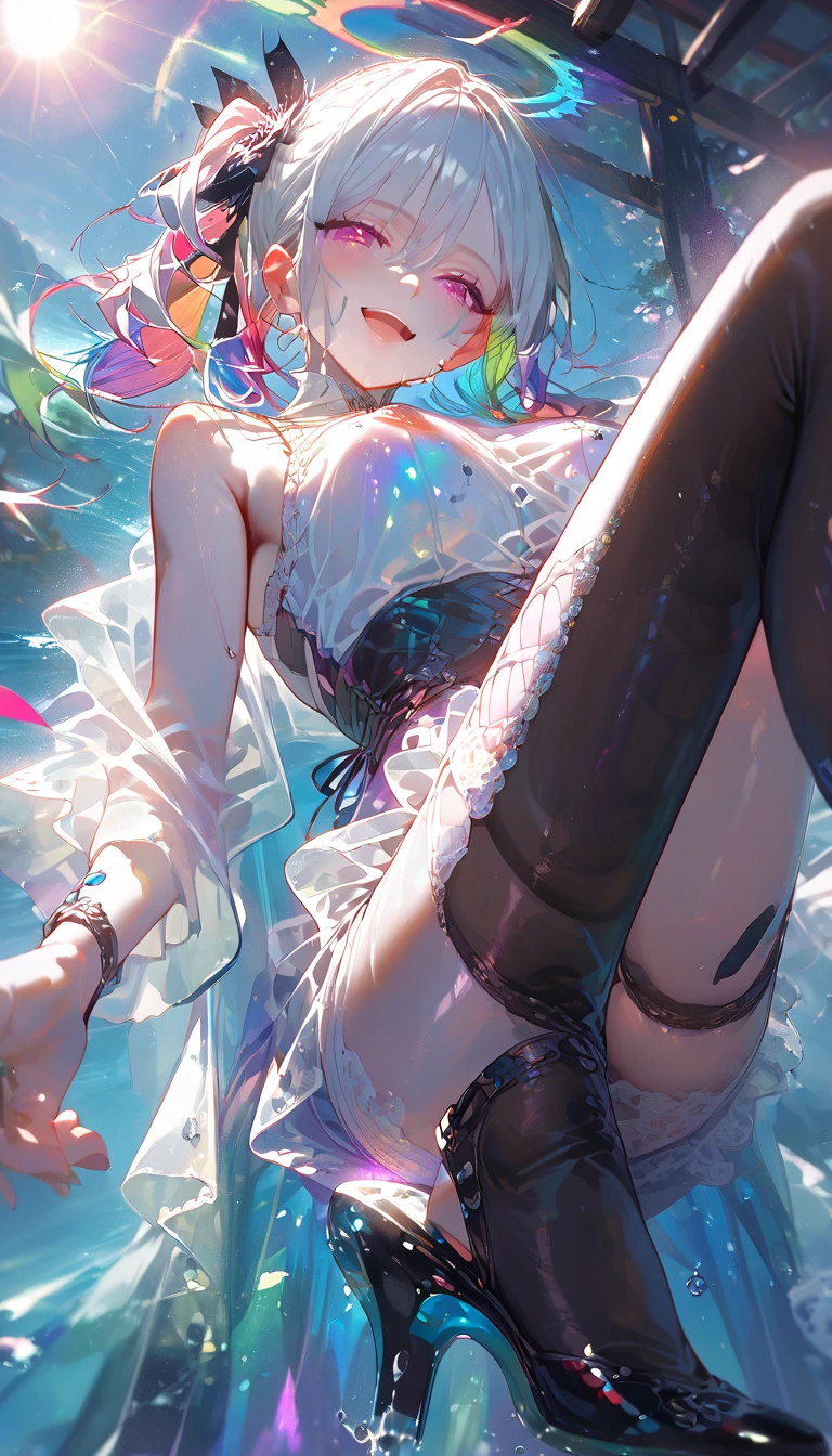 1girl, Angle from below:1.8, The girl bends forward to show off her breasts、legs apart, (Blade), (Tanned shiny black skin:1.6)、Glowing Eyes, ((Sexy evil grin)), (10 years old girl), rainbow color hair、Twin tails、forehead、breasts, pink rips, hat, ((((arabian white clothes, see-through)), (headband), (Areola Slip), small breasts, (jewelry)))、desert, ((sahara)), ((focus crotch)), (crotch),((foot)), ((acrobatic pose)), ((girl on top)),