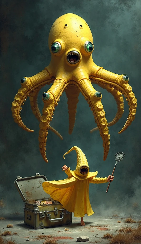 bald supreme court judge with an egg head dancing with a squid