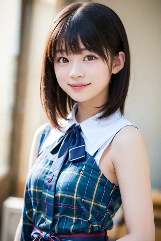 8K,masterpiece,Japanese,12-year-old girl,from the front,smile,cute,Innocent face,Innocent,Kind eyes,Childish,Plain T-shirt,Short sleeve,Blue checked short skirt,semi-long,Hair blowing in the wind,Black Hair,Somewhat strong wind,noon,bright,Sitting、M-shaped feet, (Large Breasts:1.2),Gravure idol pose,(Emphasize the chest:1.2)