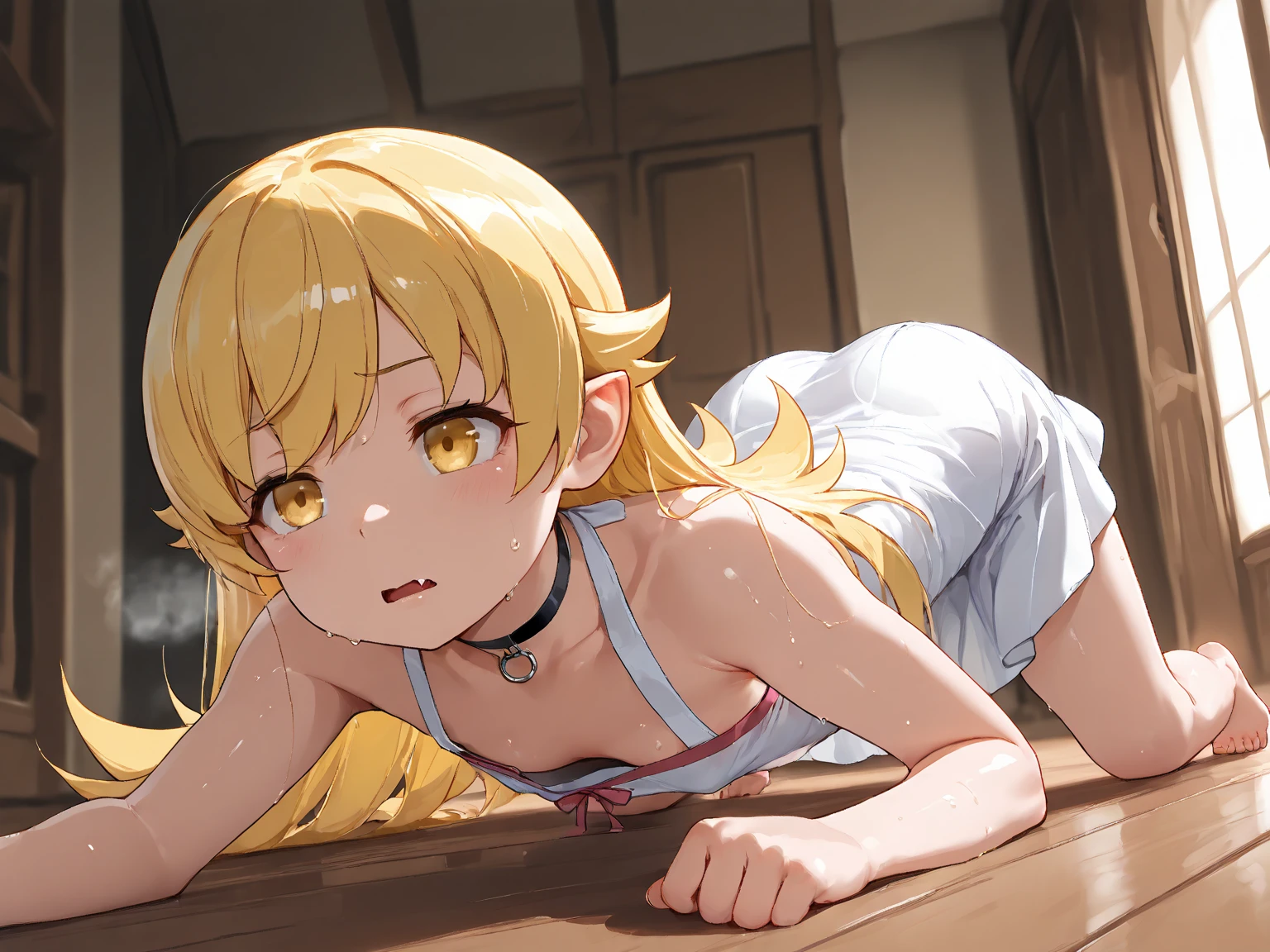 da,bare leg,red slingshot swimsuit,wet,o-ring,small breast,full body,solo,dark blue eyes,one girl,medium hair,blonde ,muscle,small breast,indoor,crying,tears,pissing,a blonde girl being tortured by electric shock on a iron chair,strong light and shadow contrast,pantyhose