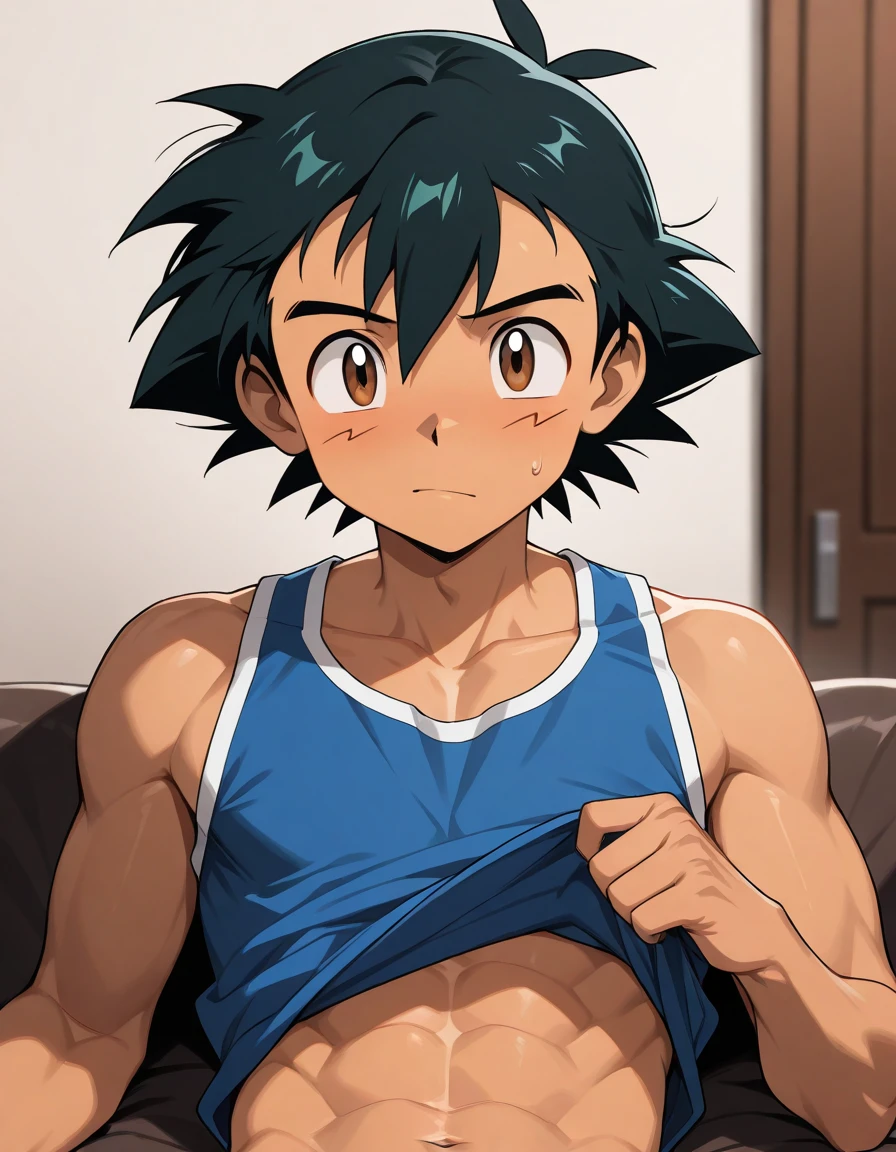 He is a 17 year old teenager, He has slightly disheveled very black hair..., somewhat light green eyes, (front angle ) , (all body), sexy, , muscular body , He is dressed in the anime shorts. "my hero academia", without the shirt, just with boxer shorts, (emphasis on the shorts), in a bedroom, 8k, high quality, masterpiece, , cinematic, vivid colors