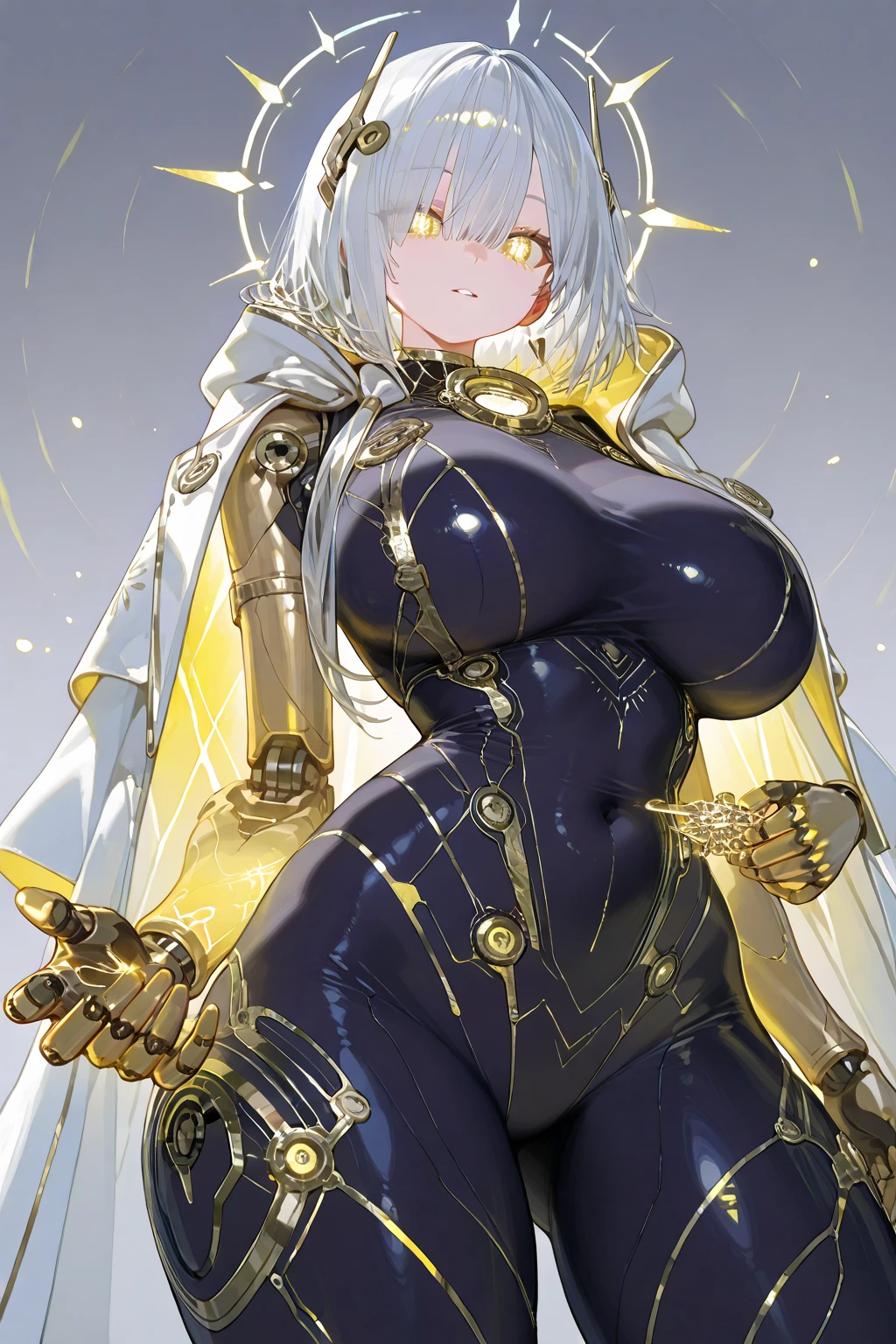 5 8K UHD、A mechanical beauty in a gold metallic body wearing glasses is kneeling、A silver metal robot with shiny skin