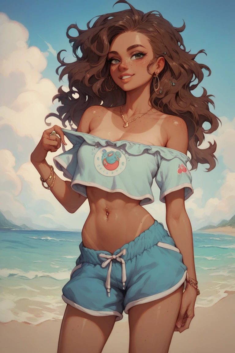 brazilian woman, dark skin, perfect brown eyes, details, ear, eyebrow, smiling, lips, long straight hair, printed sweatshirt, ripped open short shorts, thin waist, thick legs, thick thighs, background scenery, rio de janeiro ultra detailed, on the beach, night light, night, night day