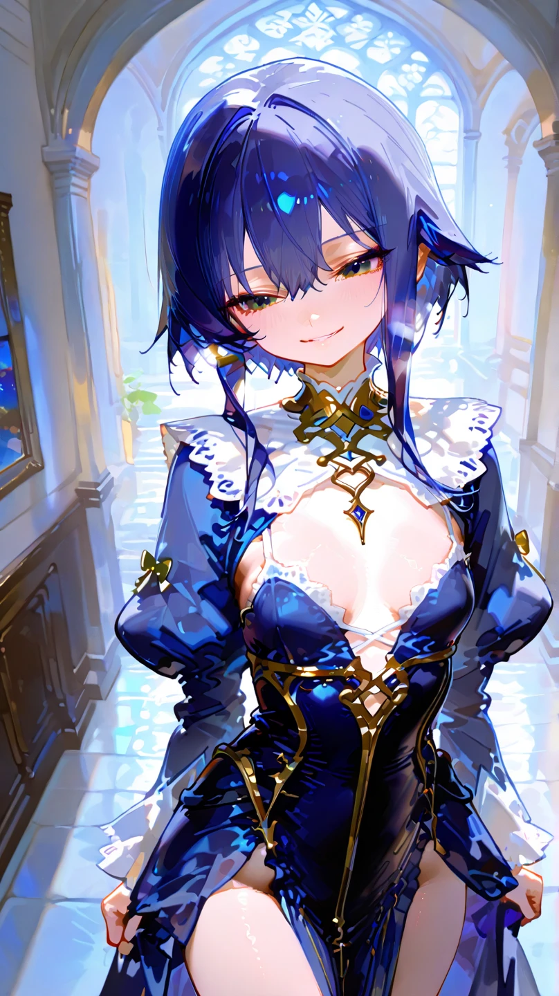 (masterpiece, best quality:1.2),illustration,8k,hd,1girl,solo,upper body,(portrait:1.2),blue_hair,cleavage,dress,smile,large_breasts,ahoge,purple_eyes,garter_straps,gloves,white_thighhighs,sidelocks,elbow_gloves,white_gloves,bangs,bare_shoulders,long_hair,argyle,ponytail,hair_between_eyes,skindentation,clothing_cutout,<lora:St-louis(azur):0.8>,