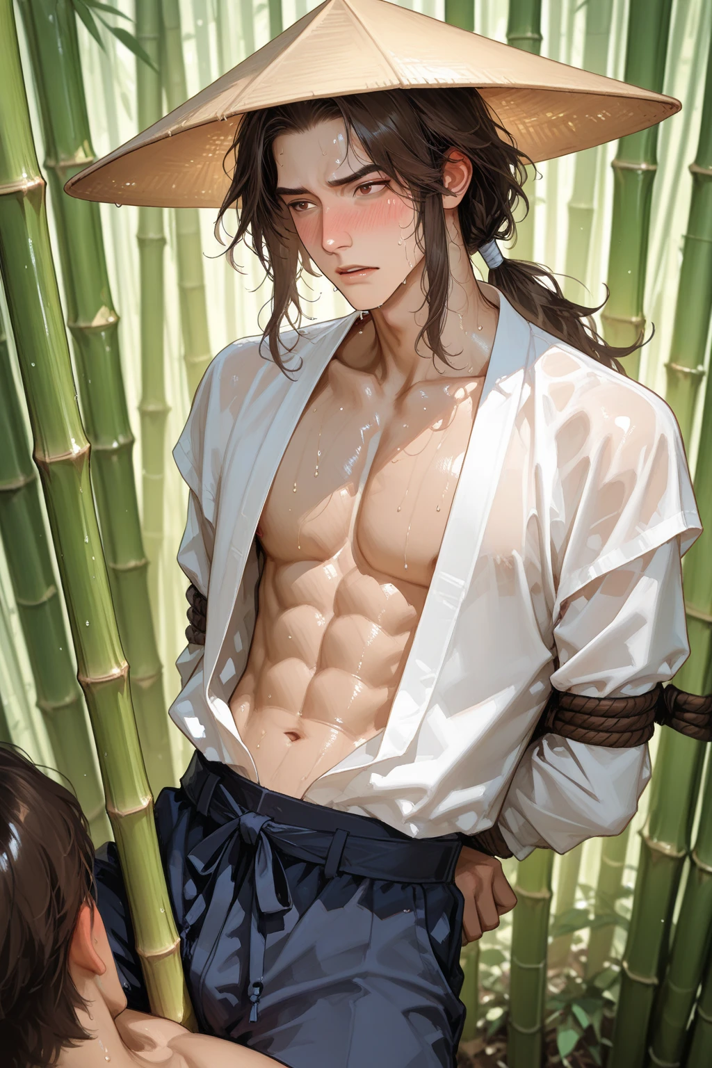 Asian man z wears a white kimono tied at the waist., He is showing his naked torso., black fur, Red eyes, broad, thin man, medieval forest background, the trees are frozen. wide, Focus on his face, is biting a condom. hot image, HE HAS LONG HAIR