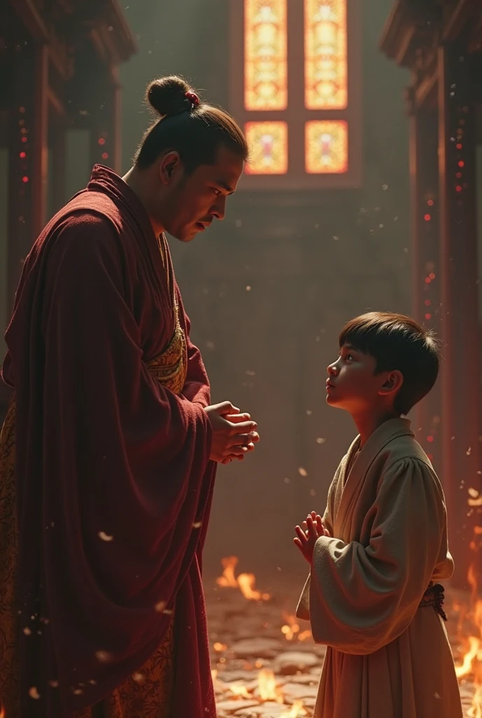The evil Chinese Emperor casts out the two 17-year-old twin princes from the people, and they are crying.