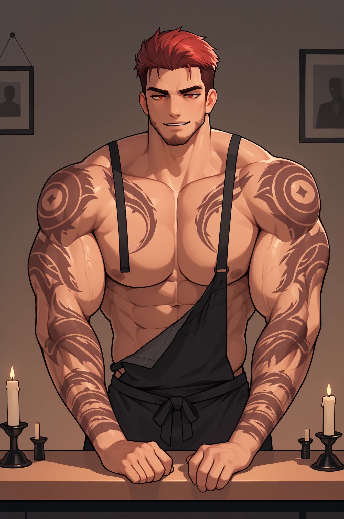 High-Resolution, 4K, Masterpiece: 1.2
Matured Male, Muscular Build, Thick Eyebrows, Stubble, Focus on Male, Detailed Tattoo

A man is depicted in this picture, with a captivating black hydrangea totem tattoo adorning his left shoulder and arm. His muscles ripple subtly beneath his taut skin, showcasing the intricate details of the tattoo. His thick eyebrows furrow slightly, adding an air of intensity to his gaze. The hydrangea flowers have been skillfully rendered, their delicate petals contrasting starkly against the bold black ink. The man's stubble
