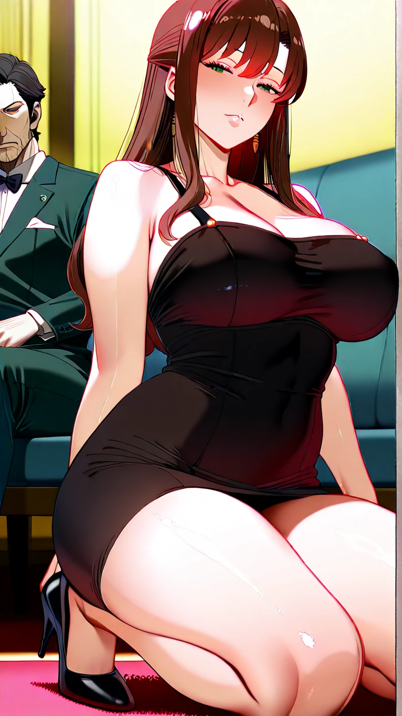 An anime-style artwork depicting yor from the anime spy x family
Tags: Yor Forger, dress, holding, black hair, black dress, high heels, thighhighs, red eyes, two-sided fabric, high heel boots, boots, hairband, sidelocks, looking at viewer, bare shoulders, standing, earrings, short hair with long locks, jewelry, closed mouth, bangs, anime, detailed eyes, detailed lips, ass, 1girl, red eyes, (black hair:1.1), solo, huge breasts, smiling expression, intense gaze, dynamic pose, indoor, palace, vibrant colors, digital art, high-resolution, professional quality, gigantic breasts, cleavage), curvy, cowboy shot, (gigantic breasts: 1.4),