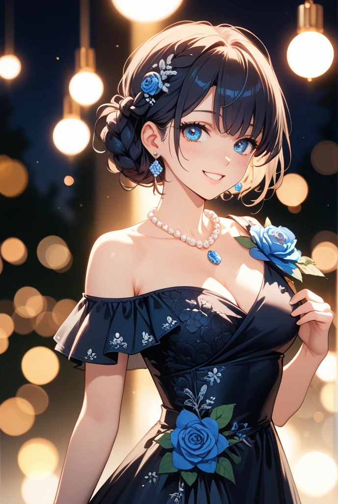 In a corner of the night party、A woman is blushing and smiling shyly。She wears a beautiful dress、To accentuate her elegance, she wears a pearl necklace around her neck.、She has dangling pearl earrings。With her smile、Its appearance adds even more charm to the glamorous atmosphere around it.、Shining brightly at the party。