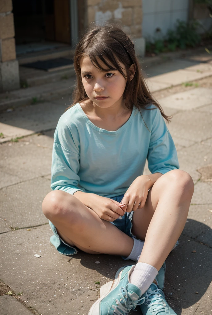 Photograph of 6 year old girl with long brown hair sitting on bench in park, con piernas entre abiertas ella luciendo minifalda de mezclilla, franela roja, sandalias blancas, pantaletas de lunares de colores