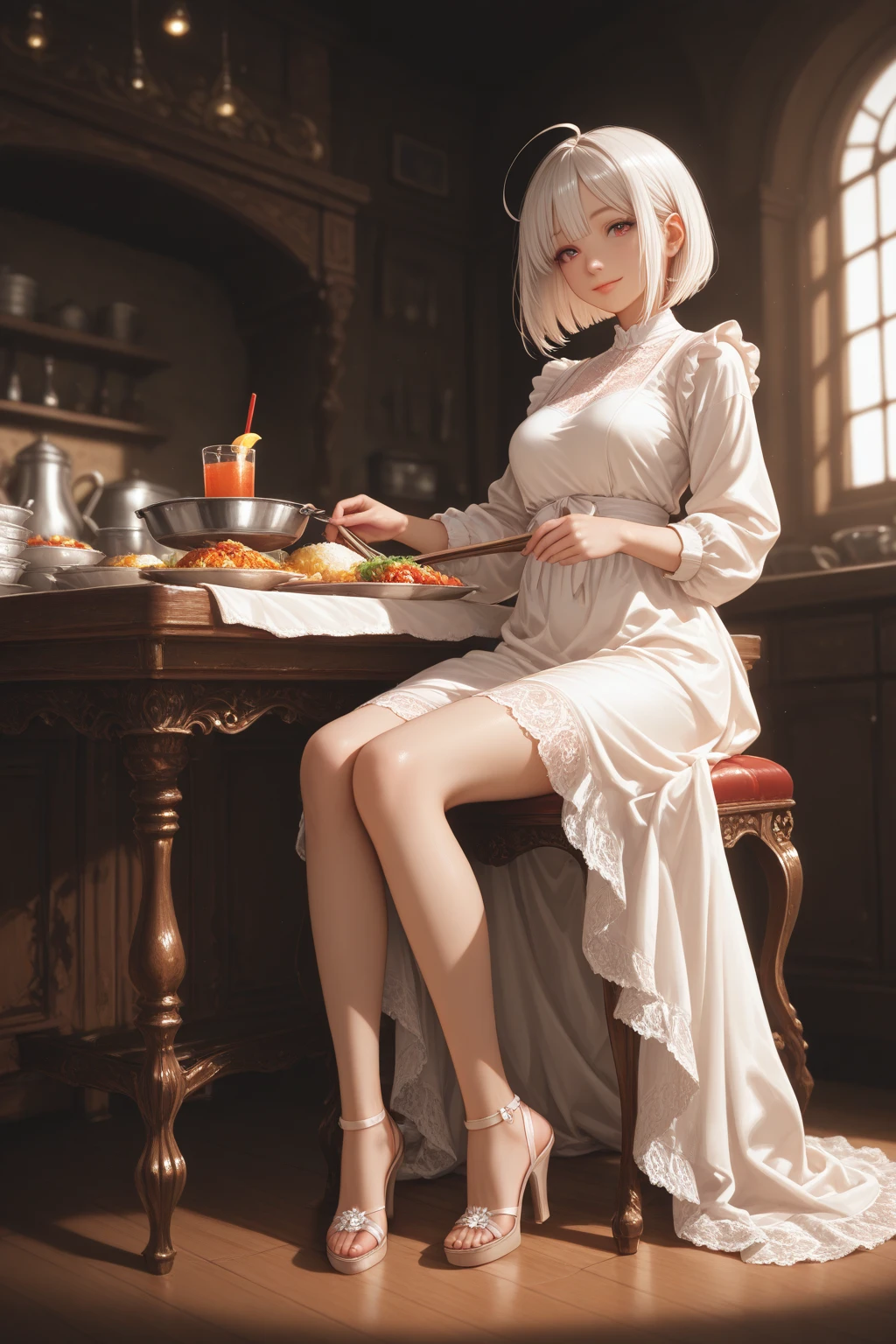 from side, upper body, BJD, doll joints, doll joints, BJD made of pure white glazed ceramics, electric drive, A fantastic and aesthetic image, Large half-closed golden glass eyes, urban style Pure white very short hair, a thin and haggard face, face without makeup, The ball-jointed doll is modeled after a 18-year-old woman, European features, silk white tube top dress, slender limbs, beautiful detailed face, sitting on a wooden chair, old european houses, indoor, beautiful artwork, High-definition, 4k, 8k,