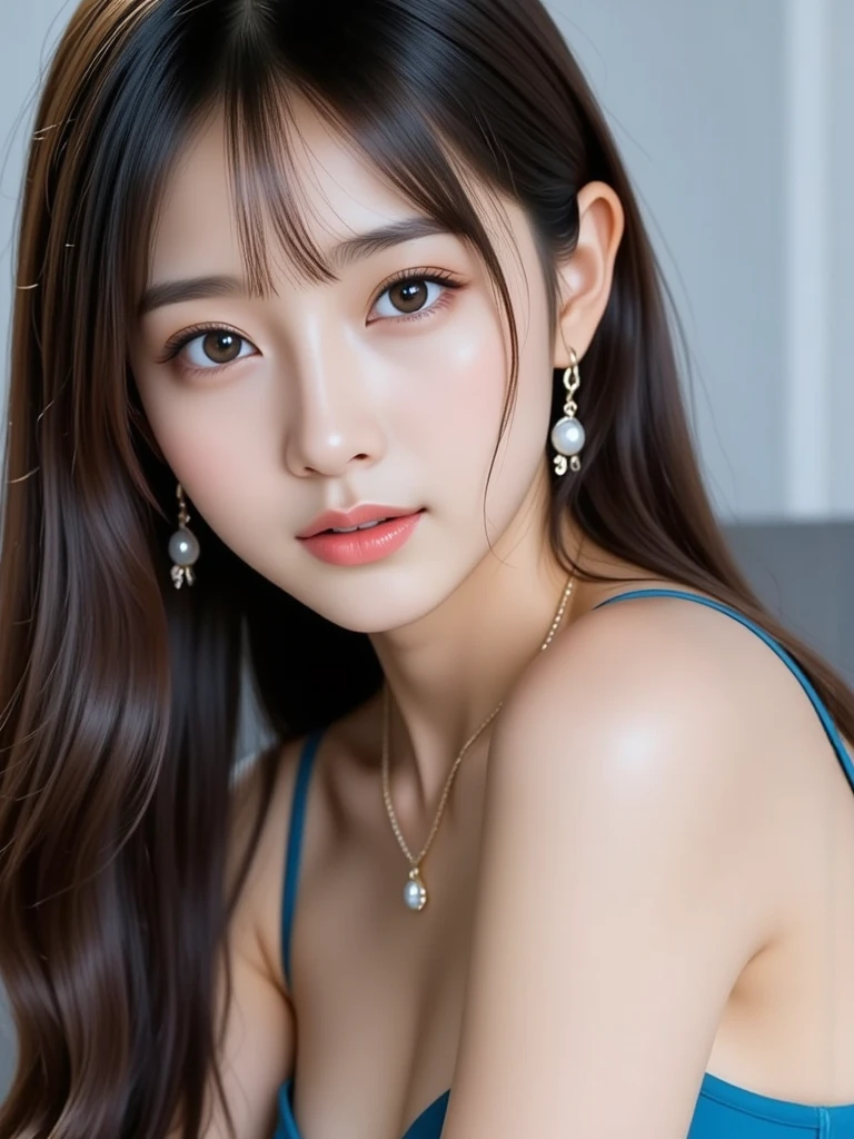 ((masterpiece: 1.4, best quality))+,(ultra detail)+, official art, unity 8k wallpaper, ultra detail, beautiful, high quality, Highlight your cute face, masterpiece, best quality, (k-idol+pretty girl+Professional wrestler:1.5), (sapphire lace lingerie:1.45), (Layered medium length hair with waves, brown eyes, brown hair), vivid colors, (colorful earrings, Jewelry Tiara :1.1)