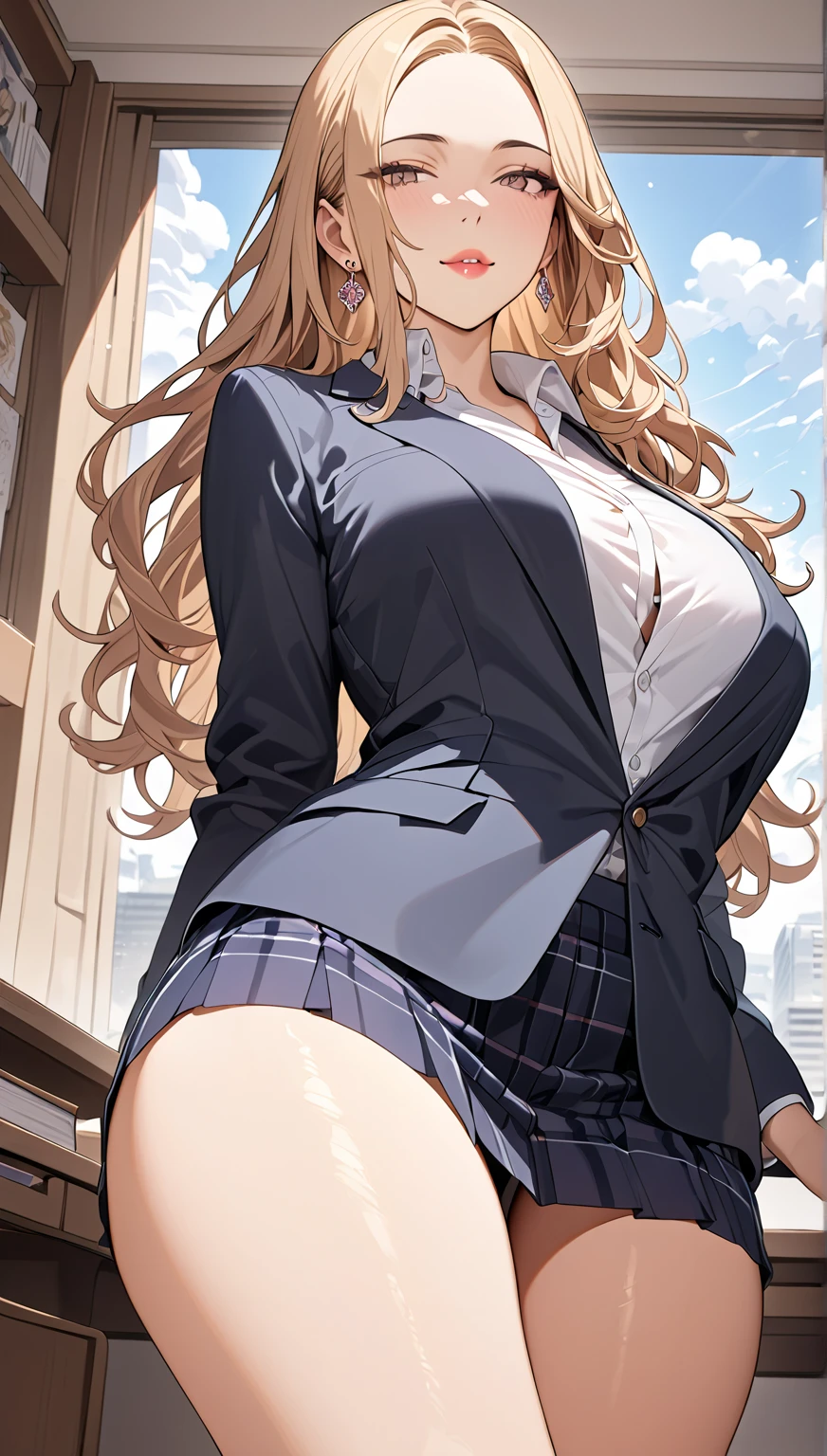 1 girl, 10 years old, stand, long hair, golden hair, purple eyes, ((purple underwear)), (((Worn school uniforms))), ((naughty face)), (medium breasts), (cleavage), (((showing underwear))), (((((skirt lift by myself))))), (from front), from below, ((looking at viewer)), ((squat)), (((spread your legs wide))), ((32K)), ((best quality)), ((ultra high res)), ((HDR)), ((uhd)), ((extremely detailed CG)), ((unity 32K wallpaper)), ((perfect anatomy)),