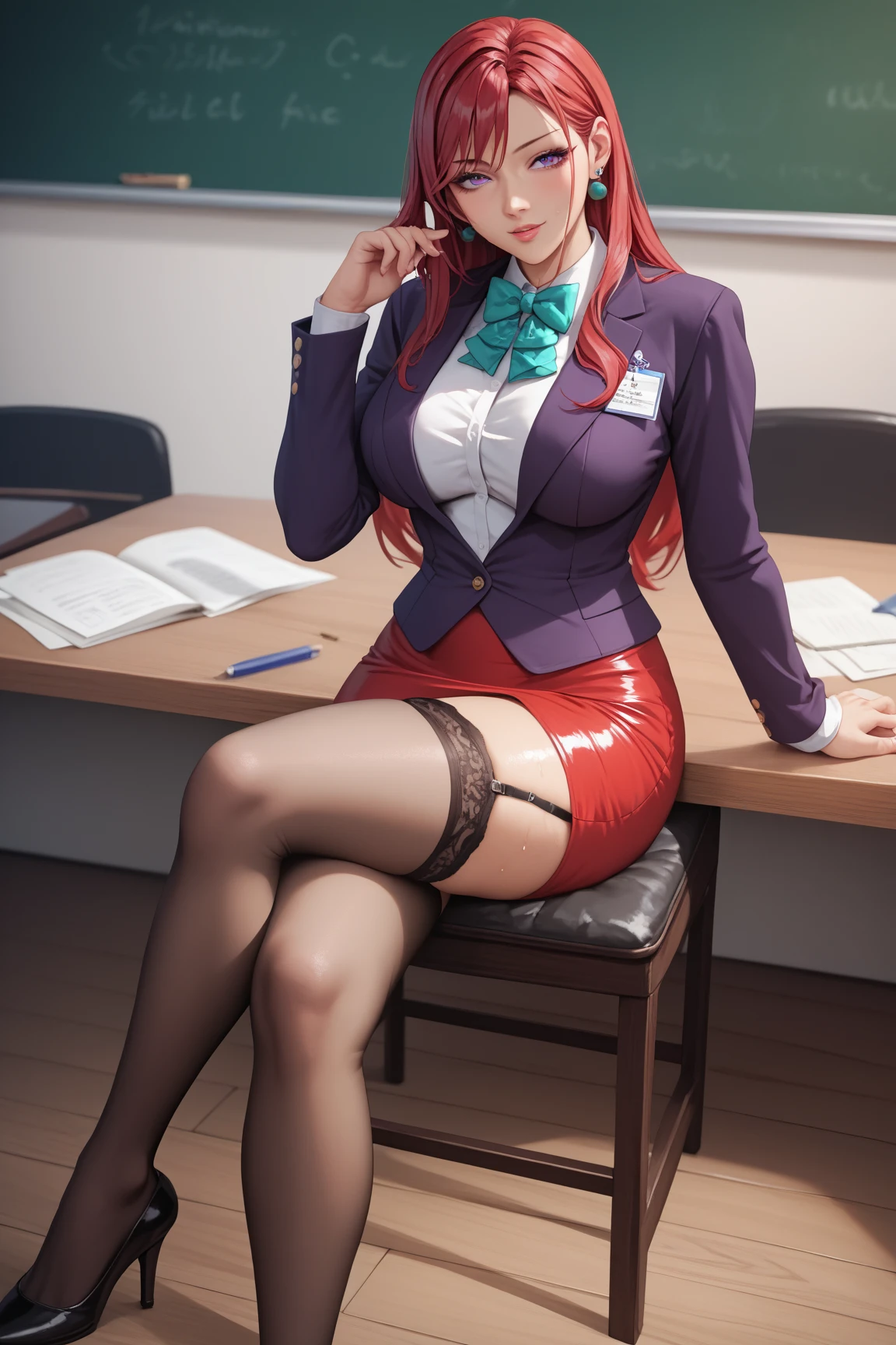 (masterpiece,highest quality,超A high resolution),2 japanaese girl with pony tail hair (((Very beautiful 35 year old girl))), pretty woman, a woman in the mermaid long train silk red skirt,the skirt is very long, full body, wear blazer, wear sexy blouse, wear glasses,long satin, flowy dramatic long skirt, talwomen, make coversasion with her bos, work in office, wear high heels,  masterpice  (Shiny red long train dress mermaid-style long skirt )