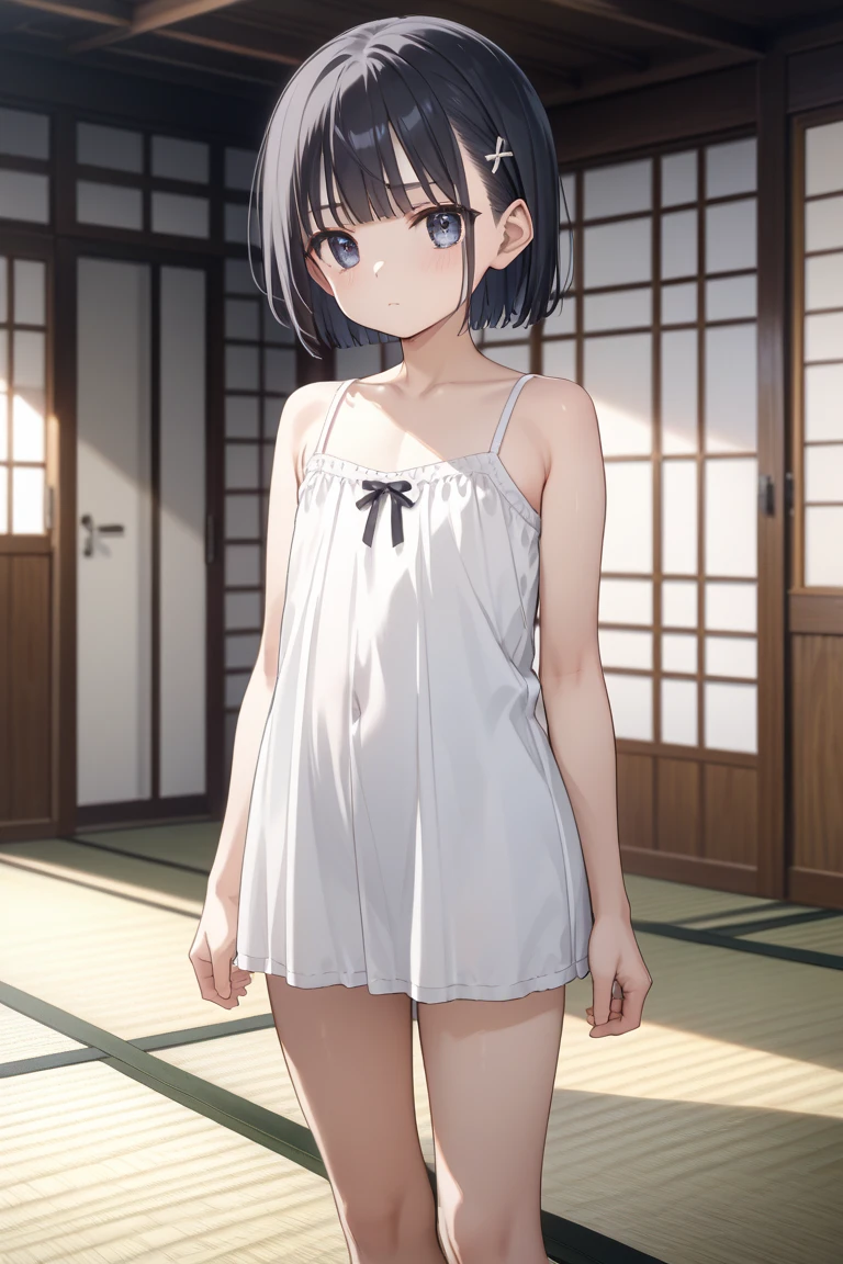 10 year old girl、A dark-haired、short-cut、bashfulness、Wearing white underwear、Camisole、Cotton shorts、Bite、Standing、low angles、in a house、(diaper):1.5