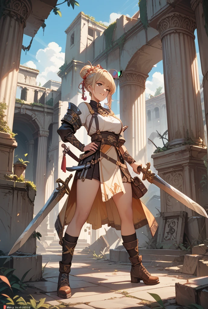 masterpiece,best quality,painting of a woman,((technomancer, intricate outfit, Light Gray theme)),smug look,burly bulky woman,short hair,Champagne Pink hair,hair,Rosy Brown eyes,very tall,polar,intricate background,dynamic pose,action scene