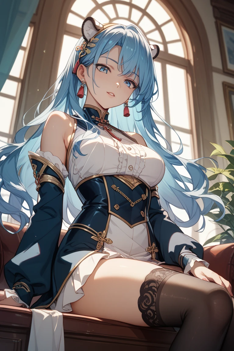 An aristocratic mansion lined with luxurious furniture,royal family,tome'A lot of light is pouring down and shining,fluffy hair,pale gold mixed hair, White and light blue,rainbow-colored hair,Dango Hair,Her chest is wide open and you can see her cleavage.,drooing eyes,loose and luxurious clothes,voluminous maid uniform,long-sleeve,piercings,Slightly red tide,Pleasant face,Petals dance in the room,ecstacy,Bridge,Inabauer,Kamimei,cute and gorgeous pose.,stiletto pump shoes,