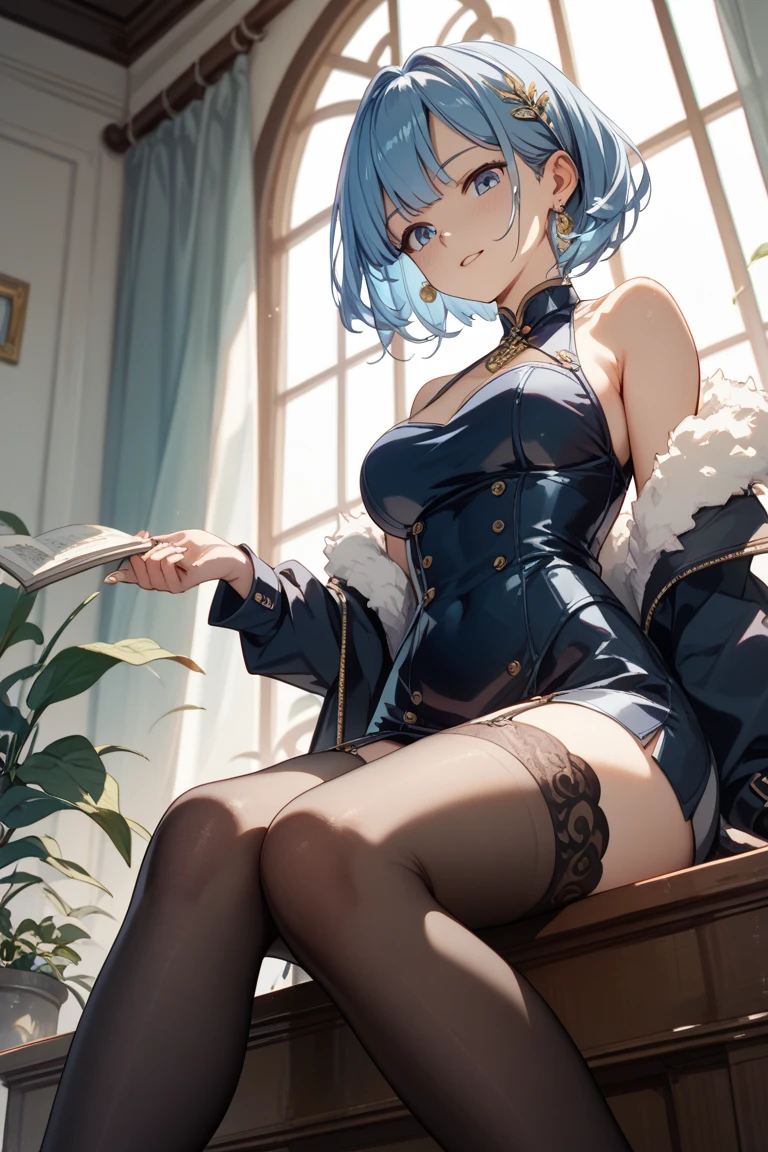 Bigboobs,Two legs,White knee-length stockings,(Princess cut hairstyle),short detailed hair,Sideburns have long hair,wearing round glasses,in library,looking at book,lendo livros,Deep V one-piece swimsuit