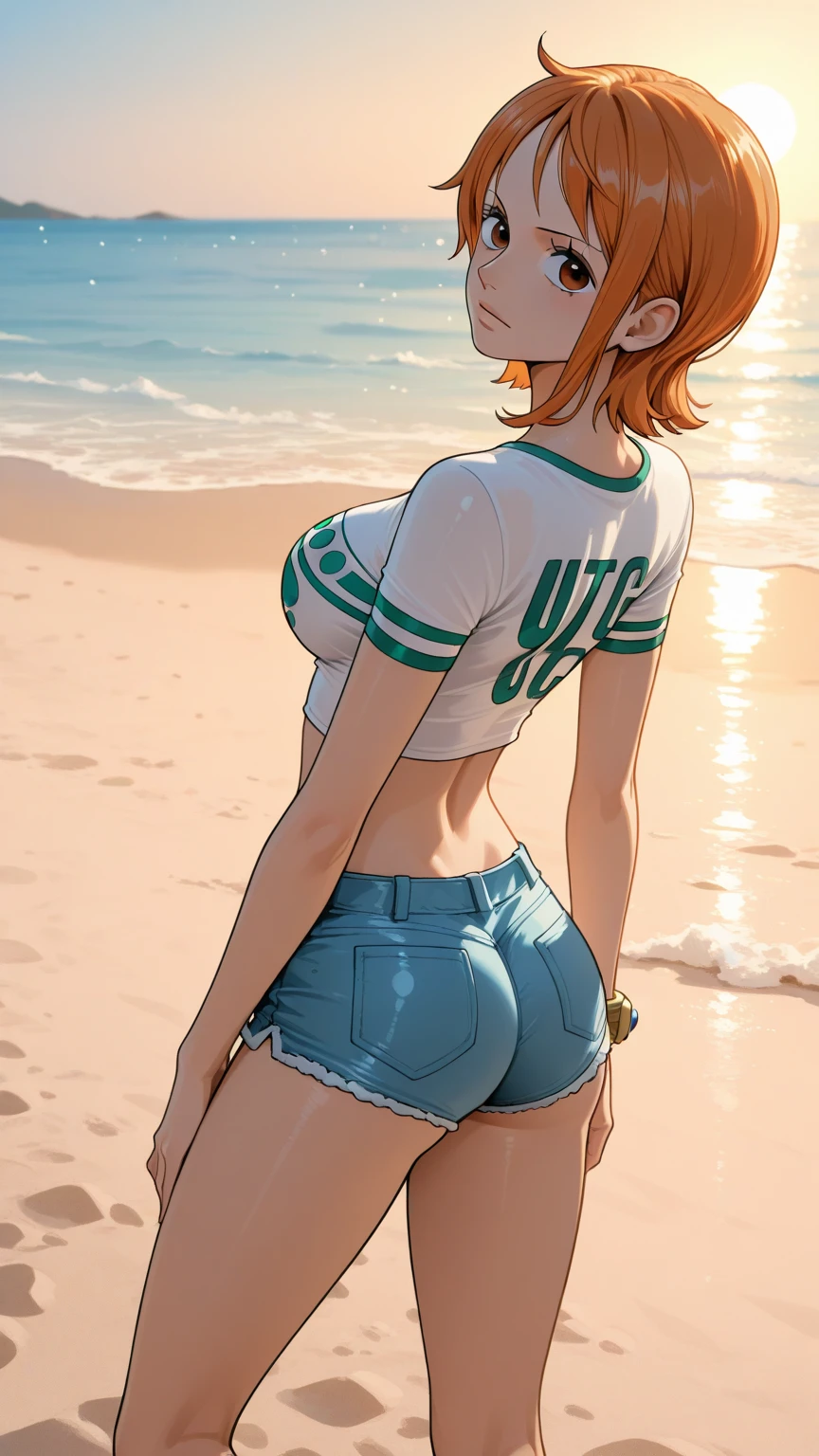 (highest quality, High resolution, perfect pixel, Depth of bounds written, 4K), (from behind), (looking back:1.2), beach, detailed eyes, (1 lady), tall, (skinny body:1.2) , (thin thighs:1.2), (Narrow hips:1.2), large breasts, blond hair, (ponytail:1.2), (yellow bikini:1.2), (cross halter bikini), (rio cut pants), (panty strap:1.3), (standing), (leaning forward), (denim short panty around knee:1.3), (clear face), sweat,