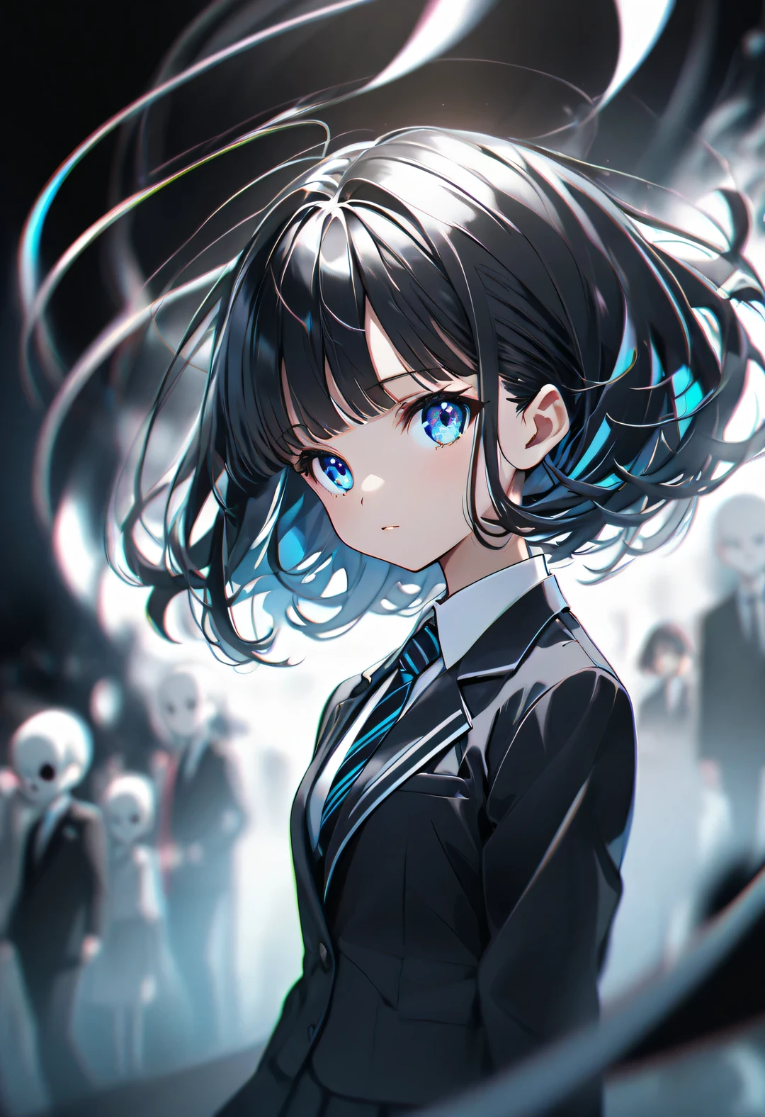 Dream Core、cute、In a dream、wonder、Creepy、Dark Atmosphere, Light skinned girl with short black hair and right side bangs dyed white , blue eyes , black school girl suit and tie with black skirt and white jacket with blue arm band , yoneyama art style, chromatic aberration , blurry , depth of field , yoneyama mai ,