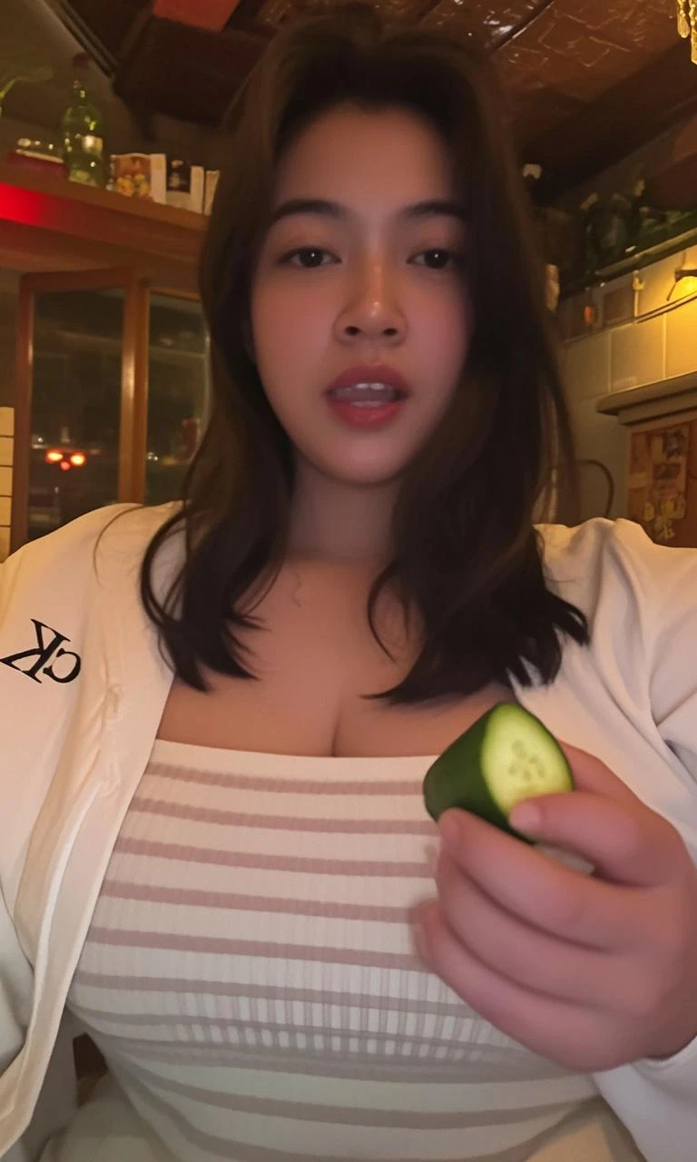 Surrealism, high detail, movie lighting, Ray tracing, First Perspective, Shoot at eye level, ultra high definition, masterpiece, White skin, 4K, Best quality A sexy girl with open mouth and closed eyes in plaid pajamas on the bed,Holding a long cucumber in hand