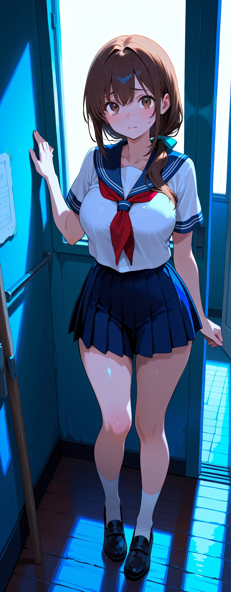 nsfw,(((Perfect Anatomy, Anatomically correct, Very detailedな肌))), 1 girl, Japanese, high School girl, Shiny skin, Observe your audience, ((Back view, From below)), 
Beautiful Hair, Beautiful Face, Beautiful fine details, (short hair:1.1, Bobcut:1.2), Dark blonde hair:1, blue eyes, Baby Face, Mole under the eye, 
Beautiful clavicle, Beautiful body, Beautiful breasts, Big Breasts:0.5, Beautiful thighs, Beautiful feet, Camel Toe, 
((Short sleeve, Cute sailor uniform, all in dark blue, Dark blue pleated skirt, Navy blue sailor color, Sailor scarf, socks, Brown Loafers)), Captivating thighs, (Red Slave Collar), 
((Embarrassing, Scared, sad, tears, cry, Half-open mouth)), Are standing, (((Leaning forward), Take off, Raise one leg, Pull on white panties)), 
(Beautiful views), summer, School, locker room, 
8k, highest quality, Masterpiece​:1.2, Very detailed), (Realistic), Beautiful illustrations, Natural light, whole body,