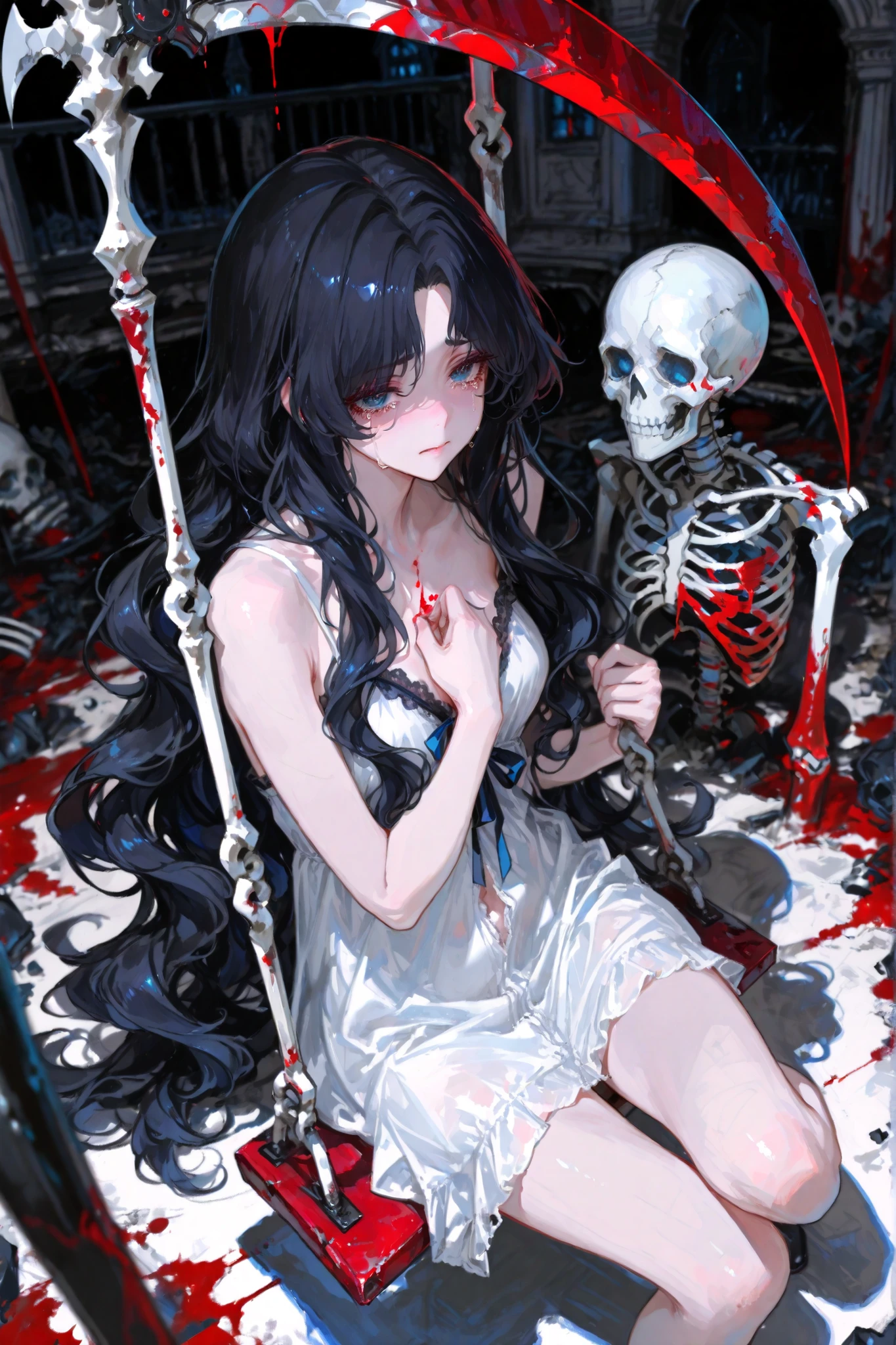 1girl、Black Hair、Red eyes、Skeleton Body、Red Vinyl Dress、PVC material、Blue jellyfish、aquarium、deep faint light 、 detailed CG、high resolution