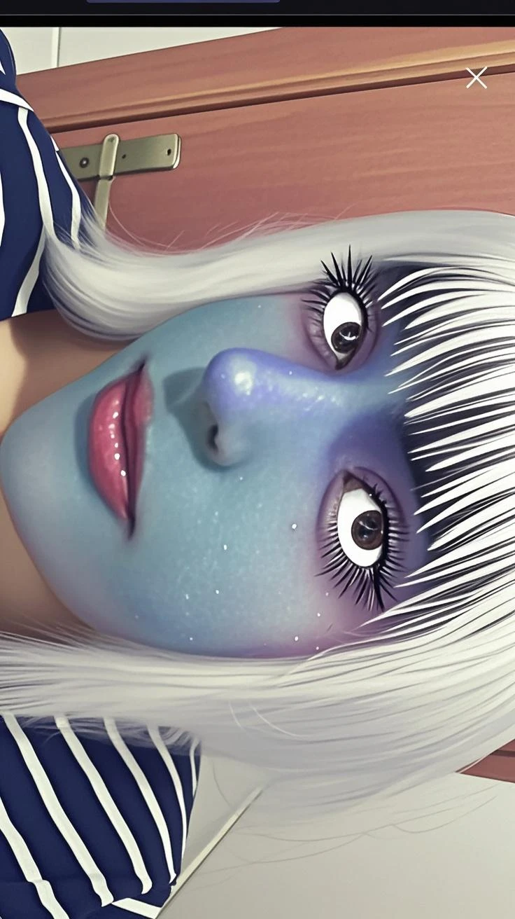 My little pony, anthro, long blue hair, white body, brown eyes, very seductive pose, opened her mouth, and strings of saliva stretched within it, she takes off her panties
