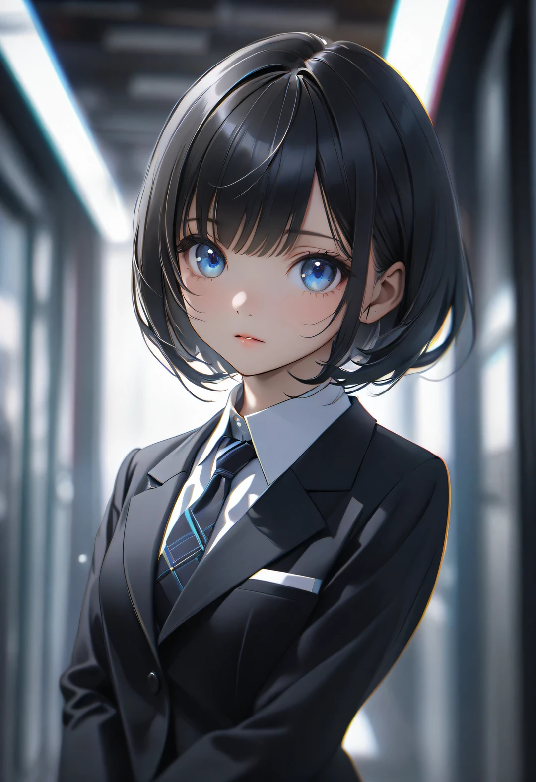 (masterpiece, photorealistic quality, high quality), Dream Core、cute、In a dream、wonder、Creepy、Dark Atmosphere, Light skinned girl with short black hair and right side bangs dyed white , blue eyes , black school girl suit and tie with black skirt and white jacket with blue arm band , yoneyama art style, chromatic aberration , blurry , depth of field , yoneyama mai ,