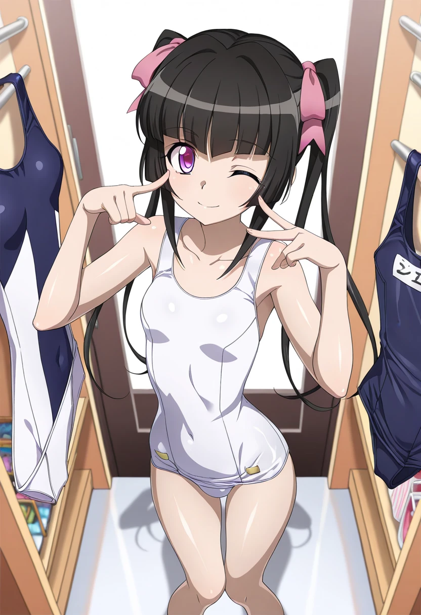 highest quality、Highest quality、Beautiful eyes、Very delicate and beautiful、Beautiful eyes、Pink Eyes、Soio、Soio、11-year-old girl、Japanese、、Chiquita、Noble、Primary school students、Black Hair、barefoot、（Judo）、(((Pink leotard)))、（High leg）、Tiara on head、smile、Standing, facing forward、The background is the changing room