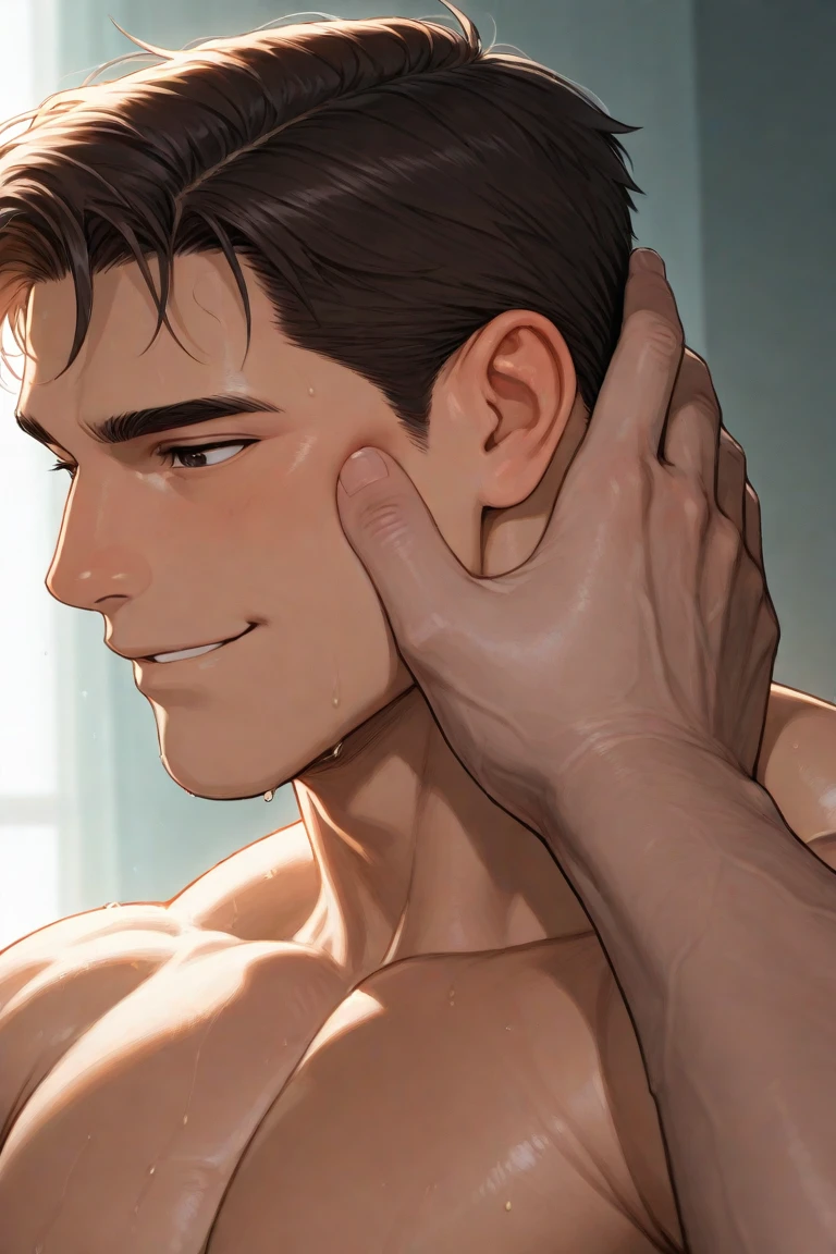 best quality, masterpiece, ruggedly handsome man with brown middle parting hair, muscular bodybuilder, upside down, sucks his own penis, self fellatio, auto fellatio, cum overflow, sexy, gay, homoerotic, best view, ambient lighting, extremely dramatic shadows, perfection, no watermark, no logo, no signature