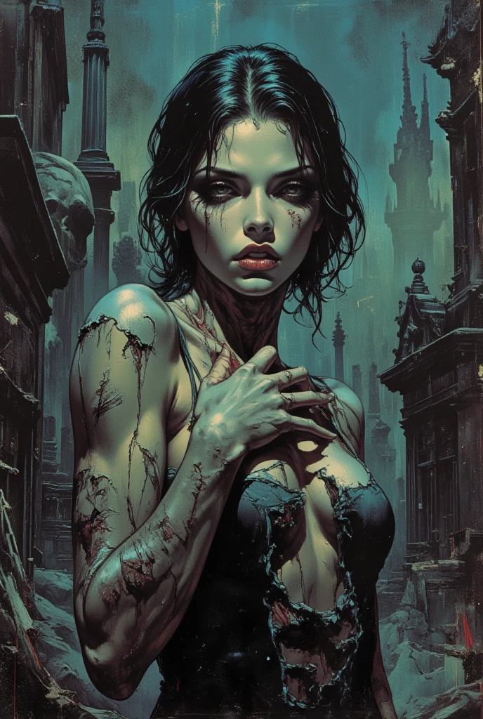 cadaver, an  ominous, woman, thin, pale, Looking into the camera, Ultra-realistic, Fully detailed, Cemetery environment, Bright Eyes, Torn and blood-stained white dress, The bone is exposed, Rotten wound, Sensual, That&#39;s horrible, I was injured, exposed fracture of the clavicle, smile, Very detailed
