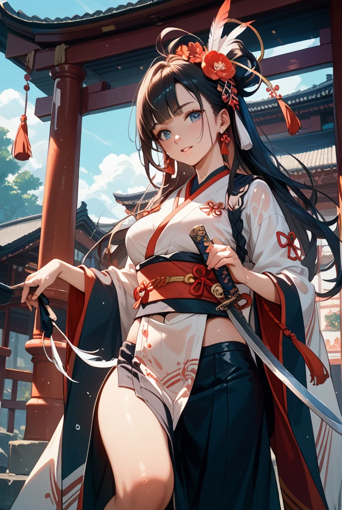 absurdres, RAW photo, extremely delicate and beautiful, masterpiece, Best Quality, ultra high resolution, 32k, hyperrealistic, ultra-detailed, delicate facial features, beautiful detailed woman, tearful mole, earring, medium breasts, full body shot, medium hair, black hair, wavy hair, inside shrine, red-black costume, holding a sword, Onmyoji, nobushi, Flowing white robe,