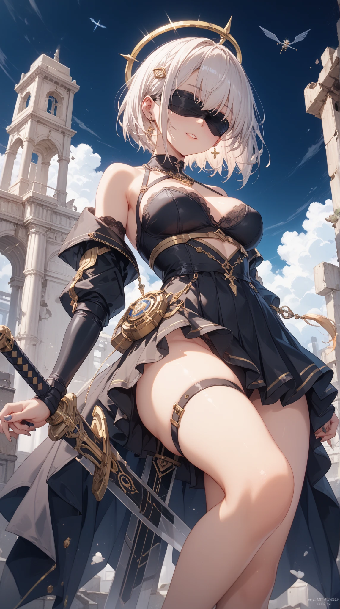 masterpiece, best quality, JingliuV5, 1girl, solo, gloves, gloves, dress, bare shoulders, closed mouth, boots, sky, black gloves, black footwear, blindfold, night sky, full moon, elbow gloves, armpits, arms up, ((chain, bound, restrained:1.3)), sitting, wariza, night, starry sky, sky, cowboy shot, view from below, far shot