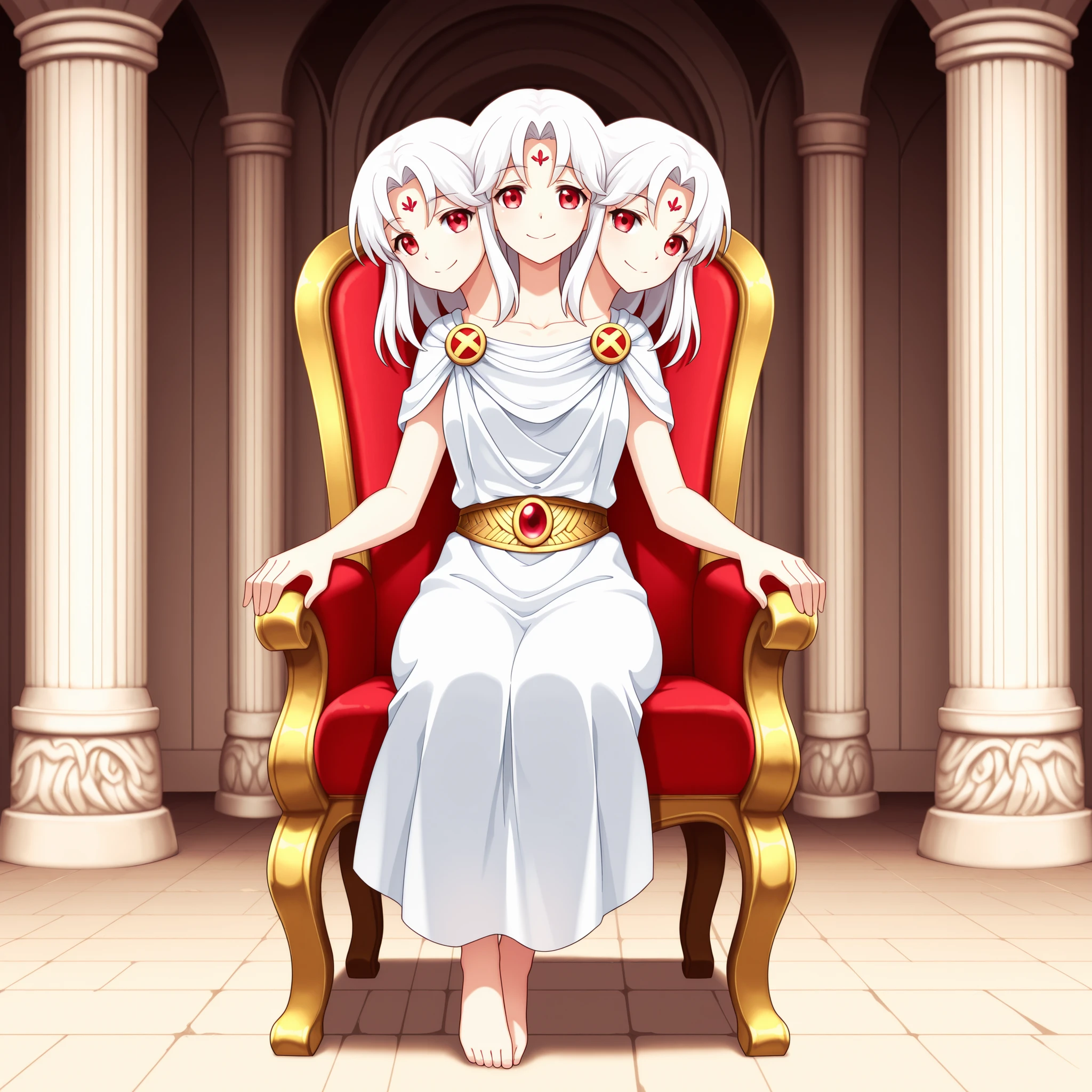 three heads, anime girl with three heads, sitting in a chair, white hair, different hairstyles, red eyes, greek clothes, smiling, relaxed, room in a greek temple