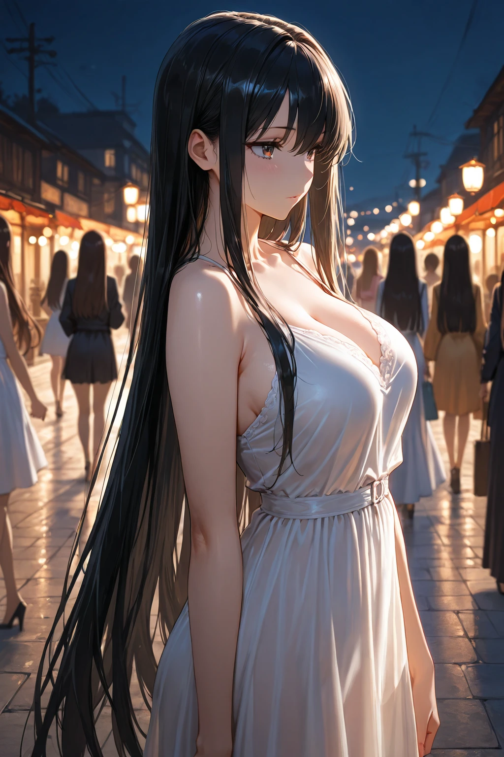 8K picture quality、top-quality、masutepiece、An ultra-high picture quality、ultra-detailliert、Ultra-realistic hair quality、Vibrant colors、Beautuful Women、Beautiful long hair、Shiny hair、detailed hairs、composed々Light hair color、poneyTail、Blue eyes、One small mole around the eye、shinny skin、Lace underwear、Very gigantic-breasts、Sweat on the forehead and cheeks、extremely big ass、Fluffy off-shoulder yukata、A smile、soft pink lips、Ultra-realistic flesh feeling、Red cheeks、summer festival in background