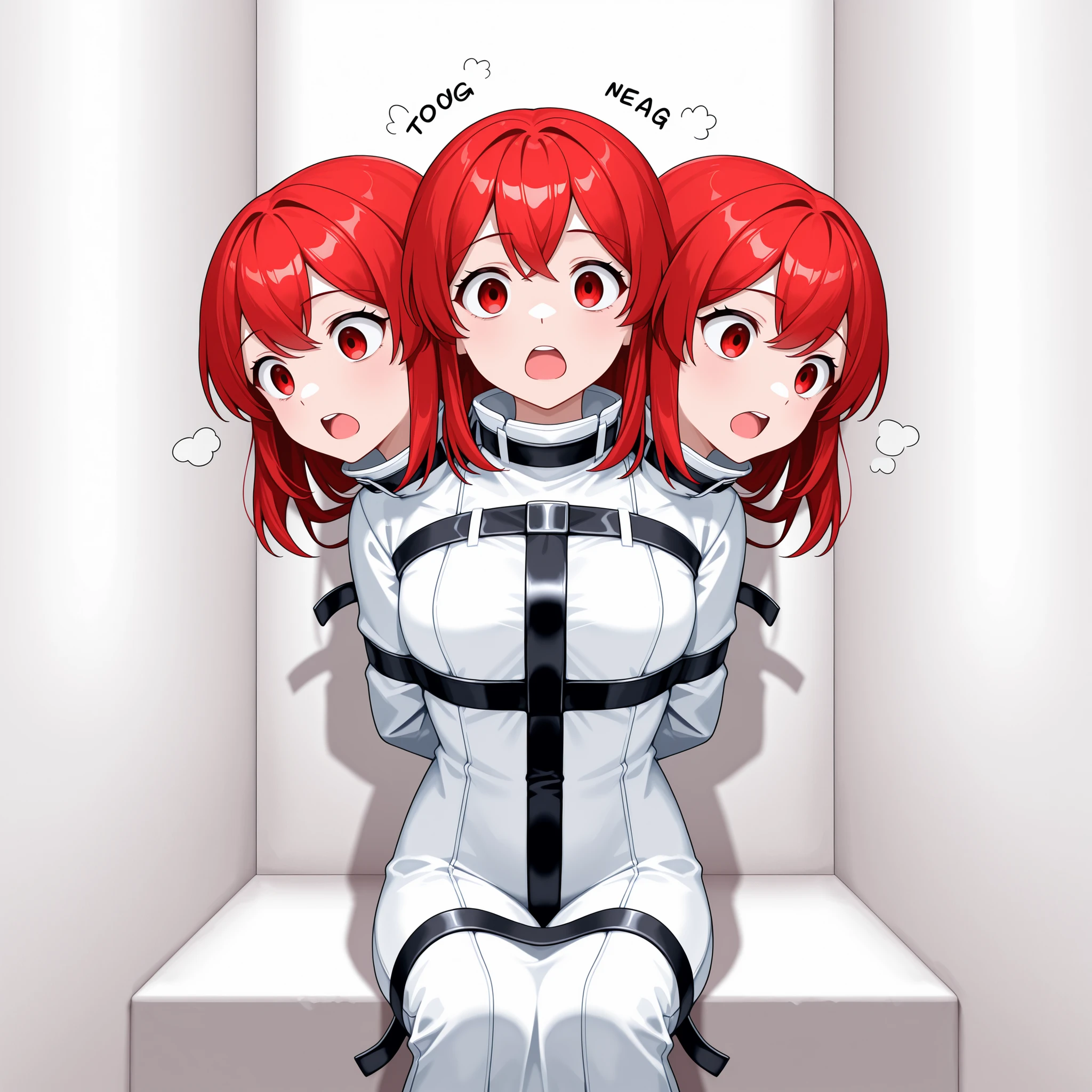 three heads, anime girl with three heads, vacant expressions, open mouth, babbling nonsense, straitjacket, arms behind back, sitting in a corner in an empty white room, text: "I have no head."