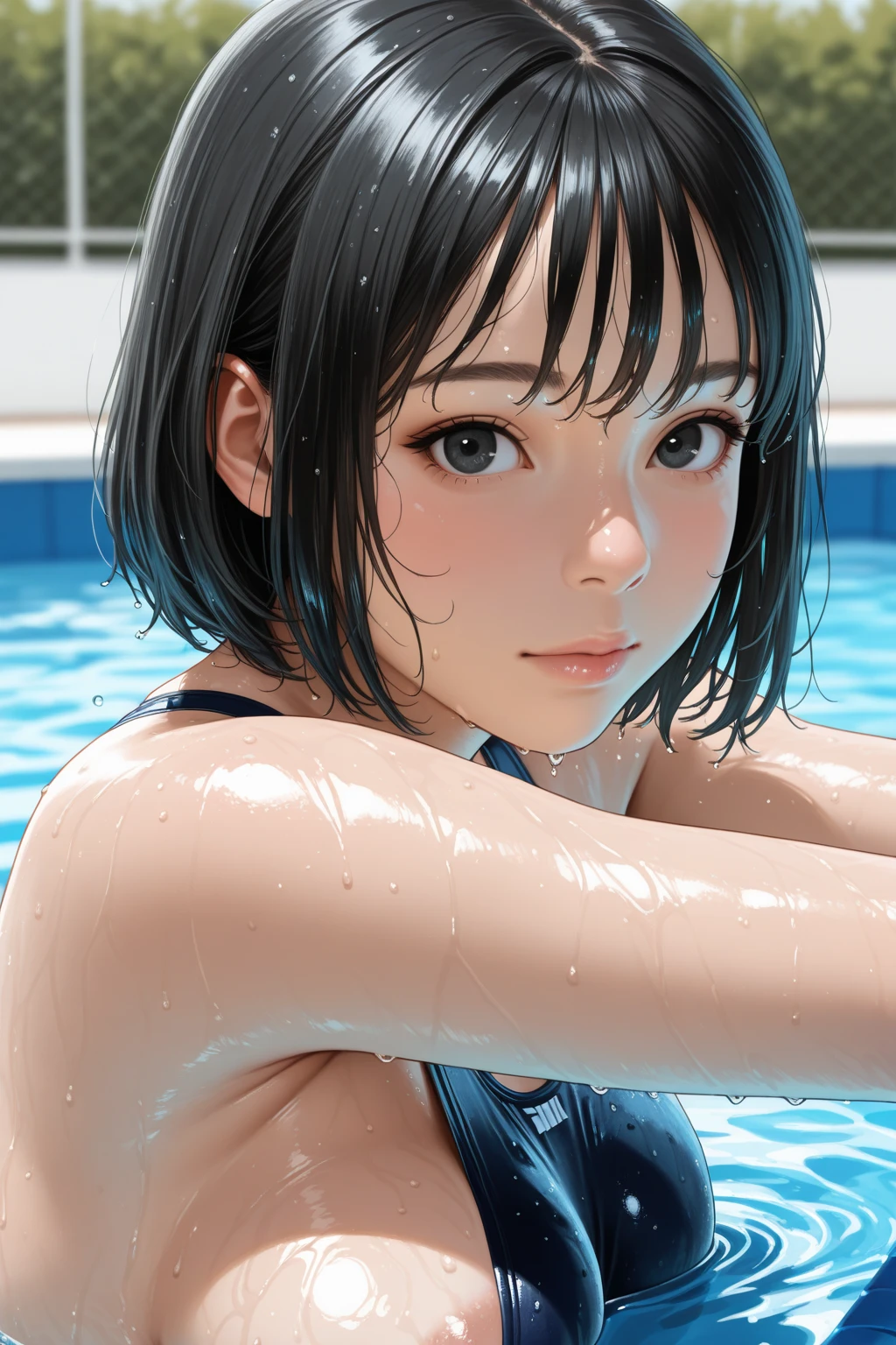 photorealistic,in 8K,master piece,best quality,Aragaki Yui,hight resolution,Detailed skin, eyes and face,Realistic pupils,onepiece swimsuit,beautiful thighs