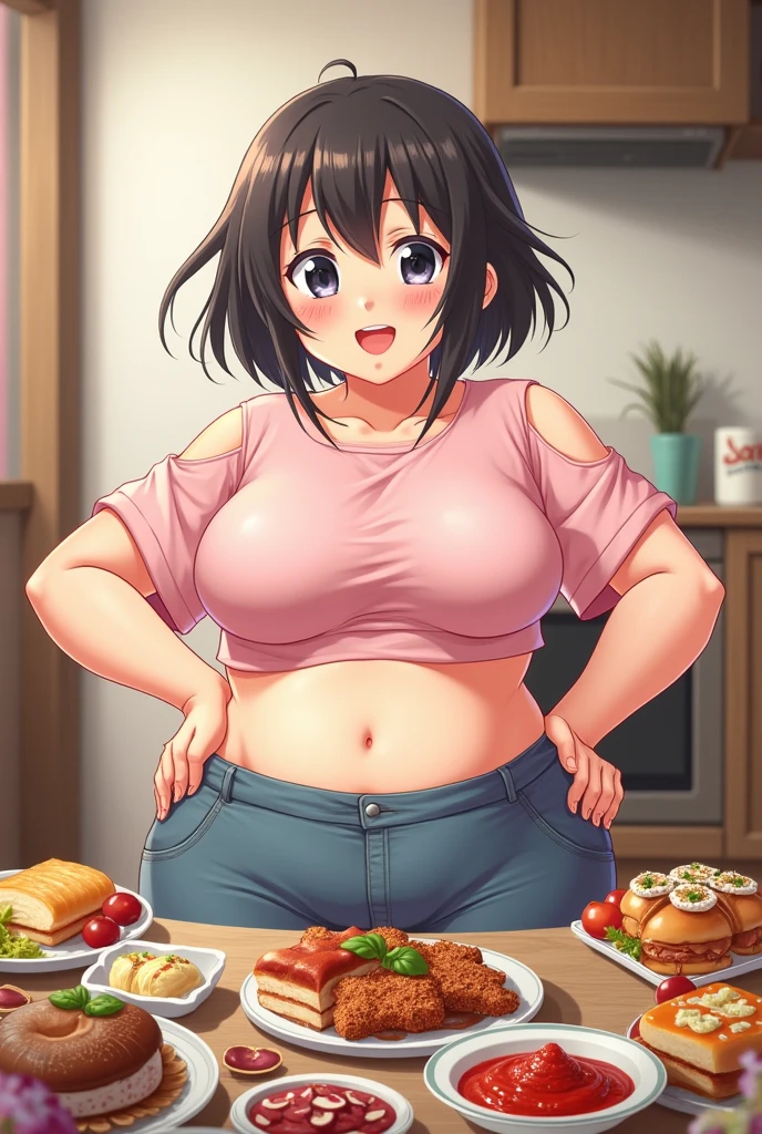 ((highres)), Masterpiece, high quality, best quality, beautiful, perfect lighting, detailed face, ultra cute face, ((1girl)), ((solo), short brown hair, messy hair, green eyes, ((blush)), nervous, shy, in love with viewer, arms behind back, looking at viewer, fast food restaurant, daytime, crop top, short shorts, (tight clothes), (wide hips), ((thick thighs)), (chubby), chubby belly, medium breasts, cleavage, perky breasts, 24 year old female,
