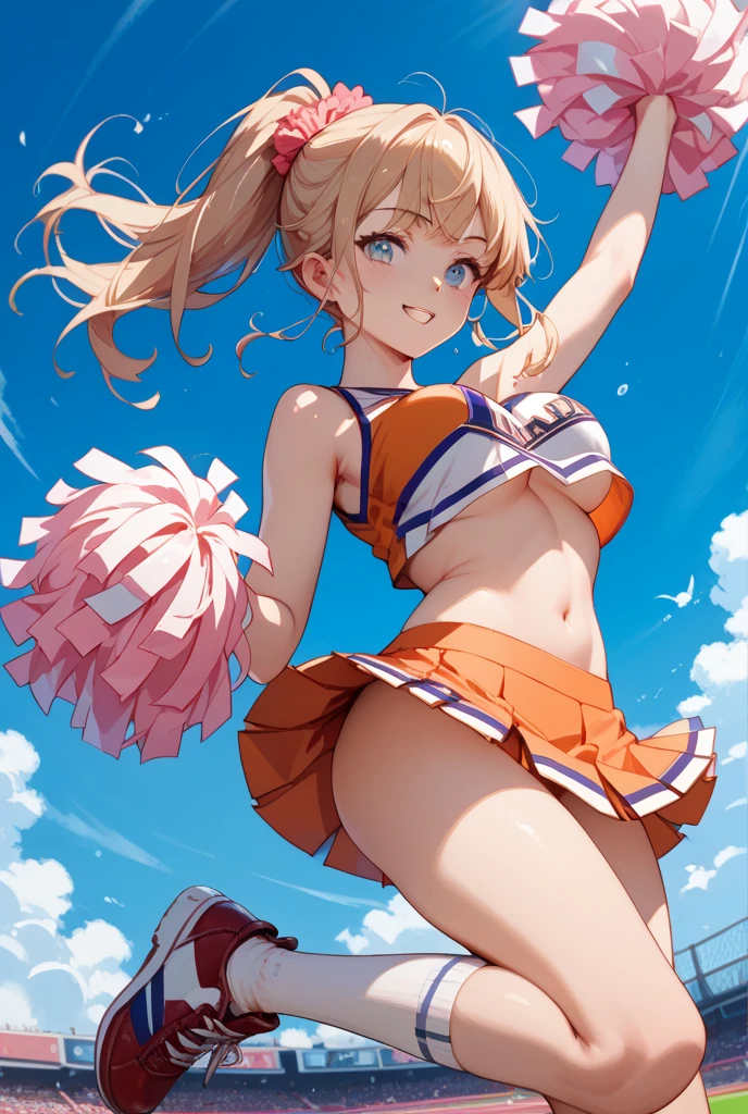 masterpiece, best quality, long hair, medium breast, cleavage, navel, slim legs, morgan fate blonde hair, forest, cheerleader