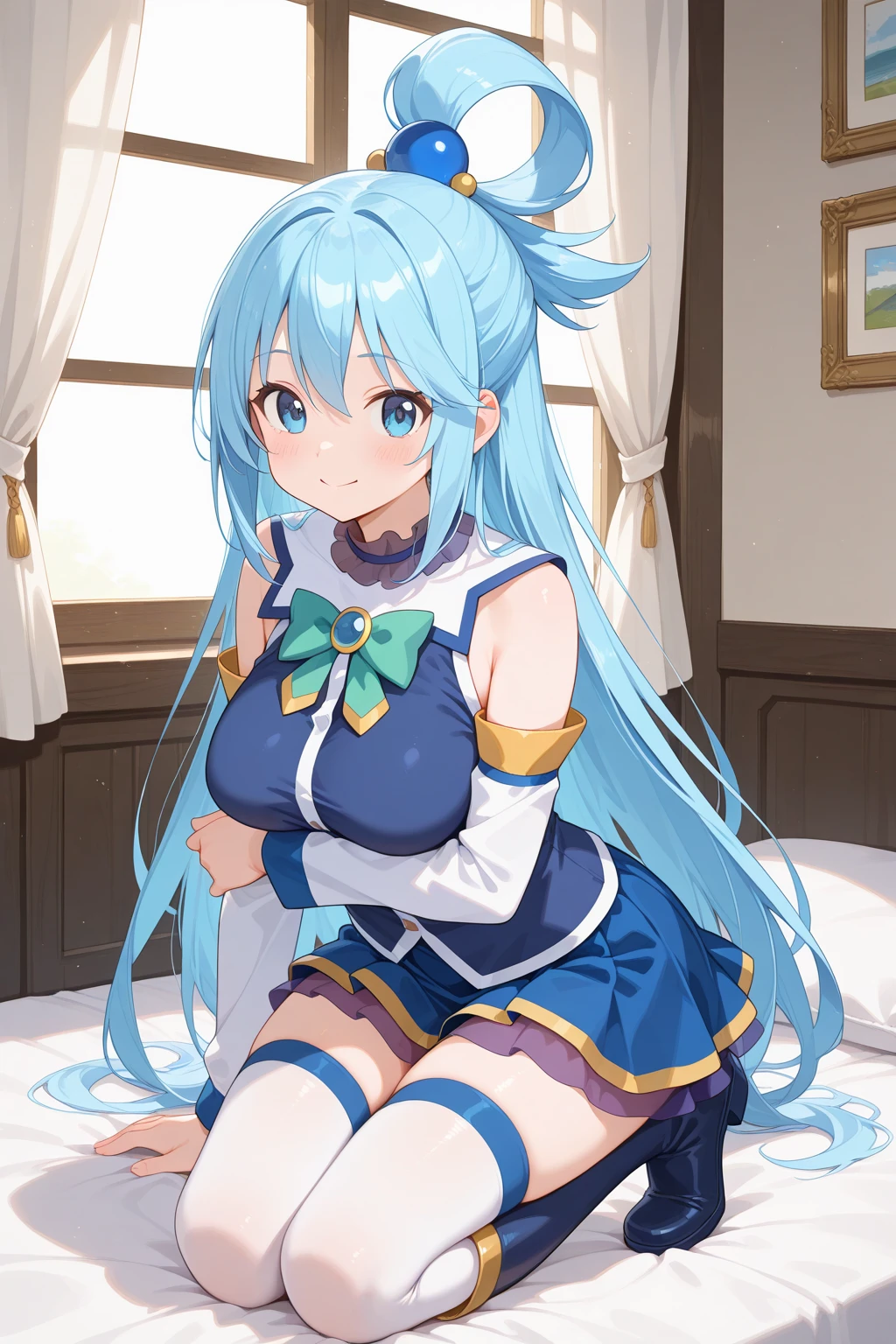 masterpiece, best quality, high resolution, unity 8k wallpaper, (illustration:1.1), ultra-detailed face, extremely detailed CG,
perfect anatomy, nice hands, perfect hands, 
Aqua, 
Aqua\(konosuba\), 
1girl, 
long hair, single hair ring, 
blue hair, 
(blue eyes:1.2), (beautiful detailed eyes:1.5), 
BREAK looking at viewer, 
blush, 
blue shirt, blue skirt, white thighhighs, bare shoulders, detached sleeves,
medium breasts, 
zettai ryouiki, 
green bow, 
cowboy shot, 
shoot from front,
perfect lighting,
BREAK background of indoor, lie on the bed, Booty pose, show panties, nsfw, 